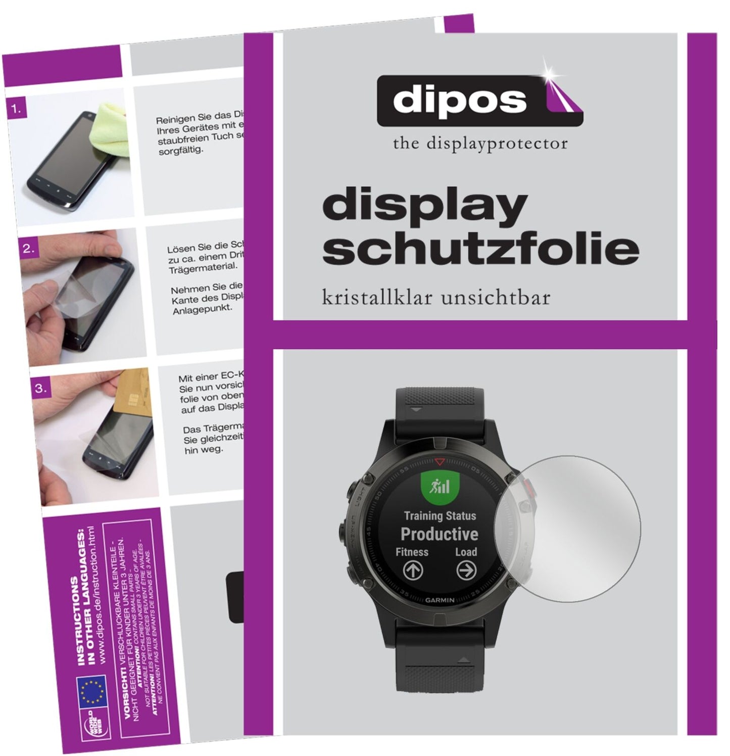 Klare Displayschutzfolie von dipos passend für Garmin Fenix 5, präziser Zuschnitt und blasenfrei montiert