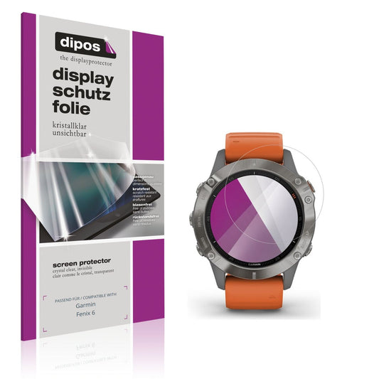 Klare Displayschutzfolie von dipos passend für Garmin Fenix 6, präziser Zuschnitt und blasenfrei montiert