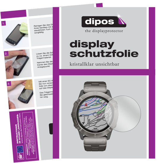Klare Displayschutzfolie von dipos passend für Garmin fenix 6 Pro, präziser Zuschnitt und blasenfrei montiert