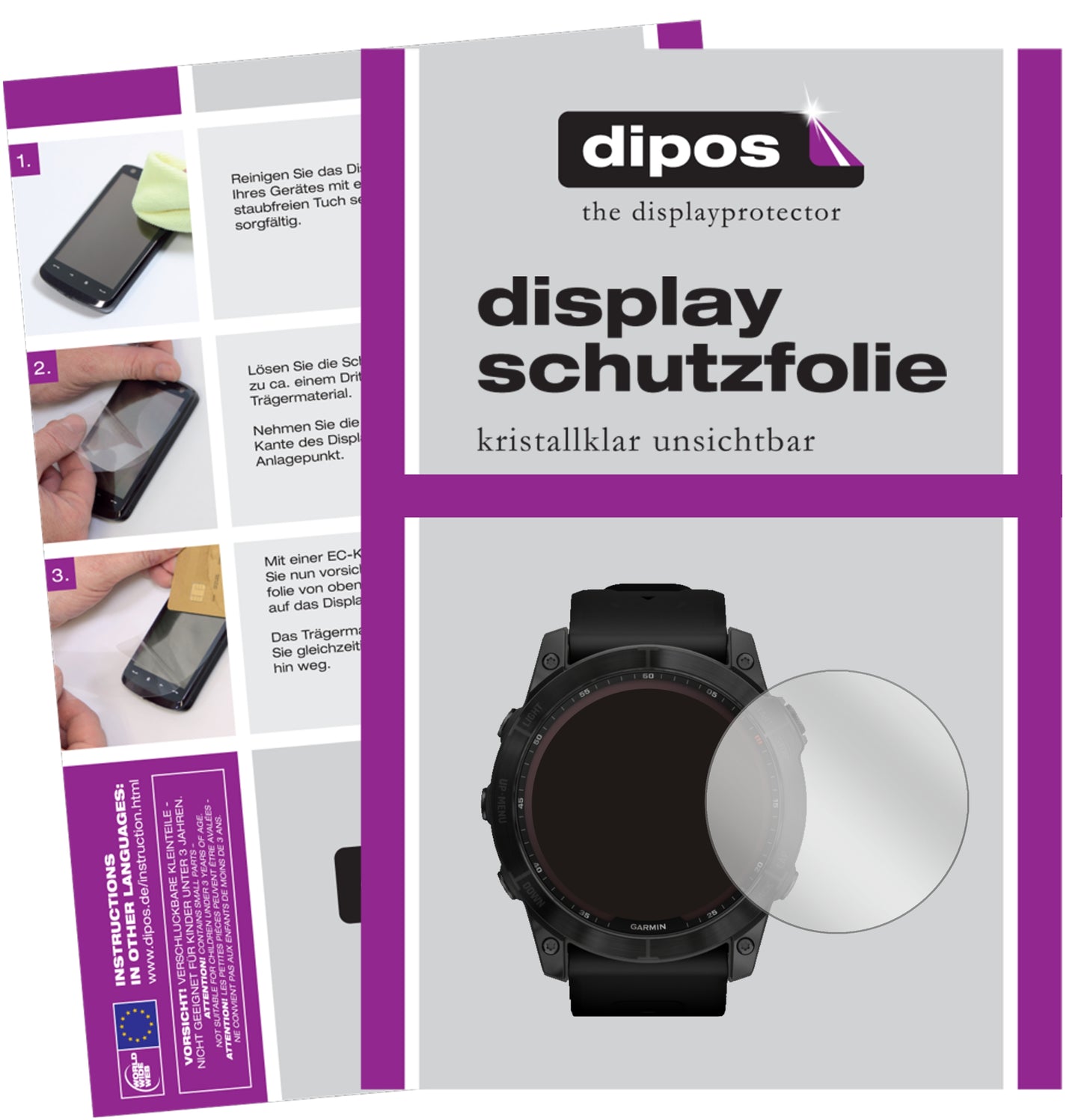 Klare Displayschutzfolie von dipos passend für Garmin Fenix 7 (47 mm), präziser Zuschnitt und blasenfrei montiert