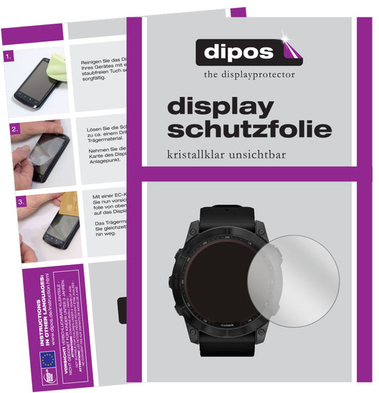 Klare Displayschutzfolie von dipos passend für Garmin Fenix 7 (47 mm), präziser Zuschnitt und blasenfrei montiert