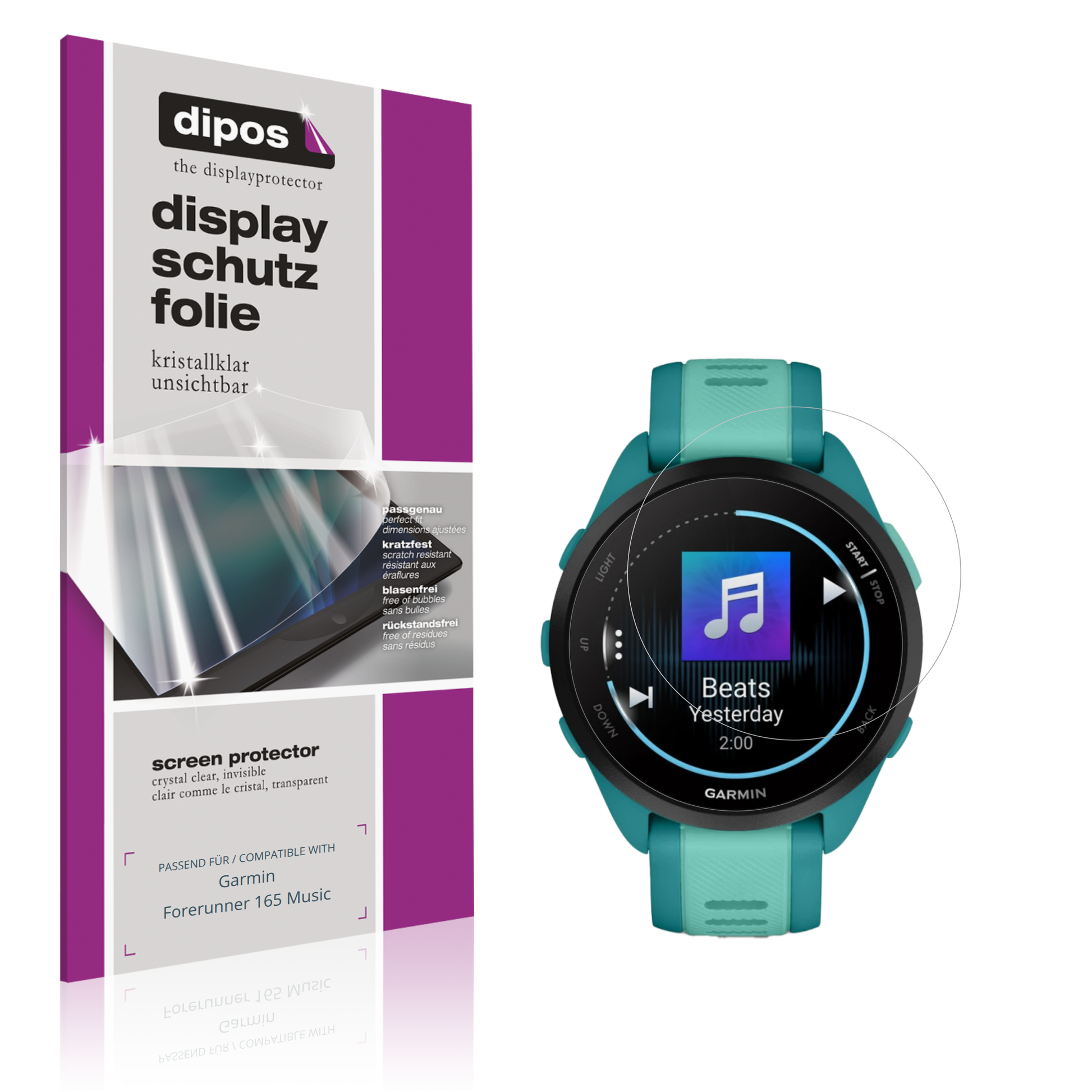 Klare Displayschutzfolie von dipos passend für Garmin Forerunner 165 Music, präziser Zuschnitt und blasenfrei montiert