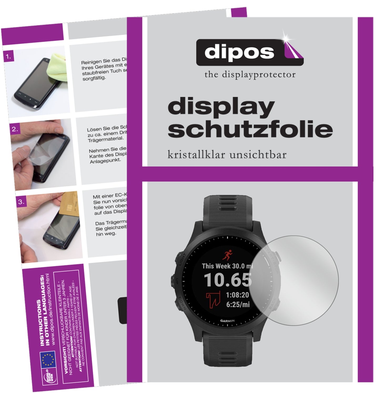 Klare Displayschutzfolie von dipos passend für Garmin Forerunner 245 Music, präziser Zuschnitt und blasenfrei montiert