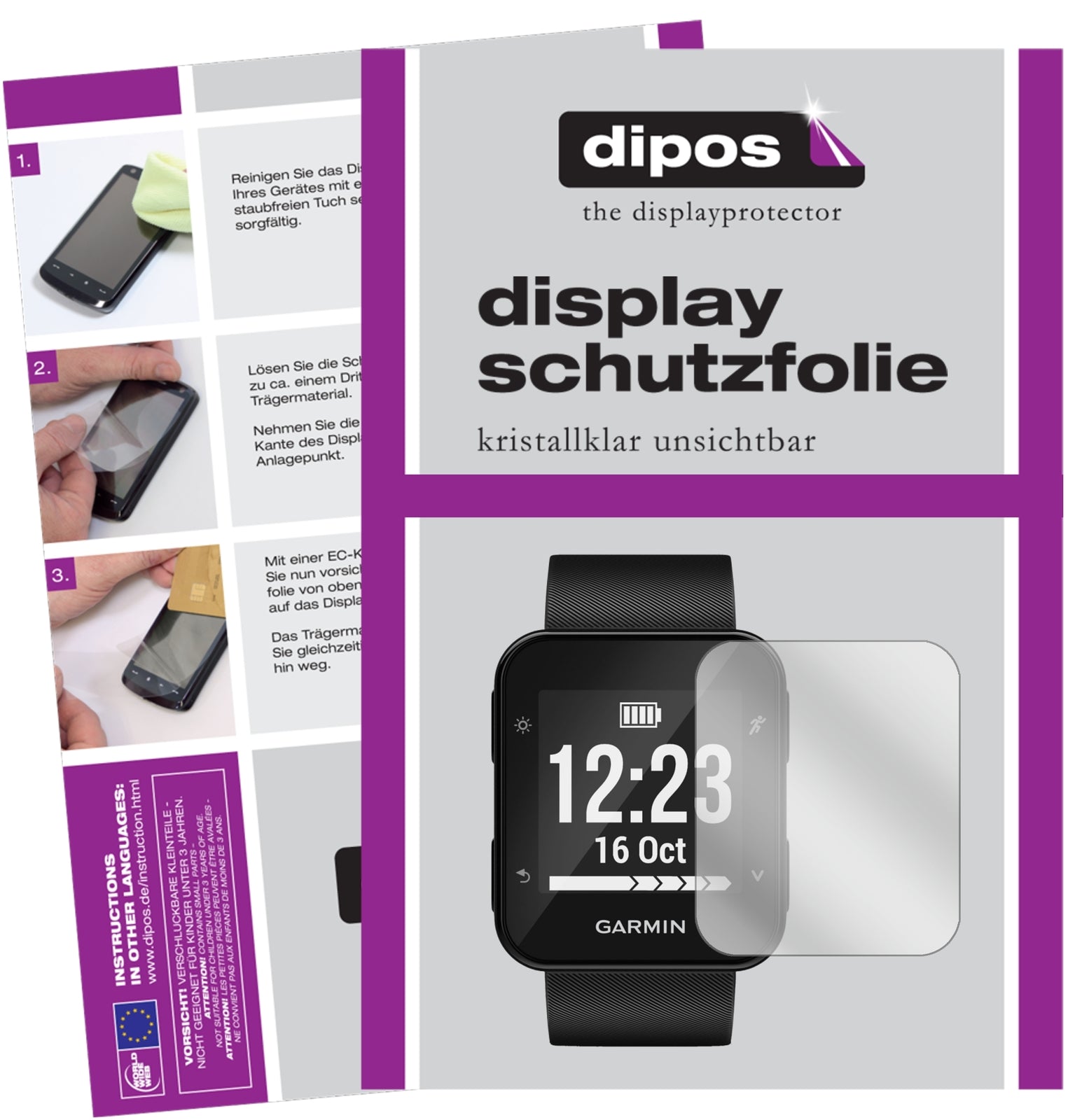 Klare Displayschutzfolie von dipos passend für Garmin Forerunner 35, präziser Zuschnitt und blasenfrei montiert