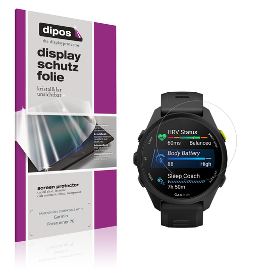 Klare Displayschutzfolie von dipos passend für Garmin Forerunner 70, präziser Zuschnitt und blasenfrei montiert