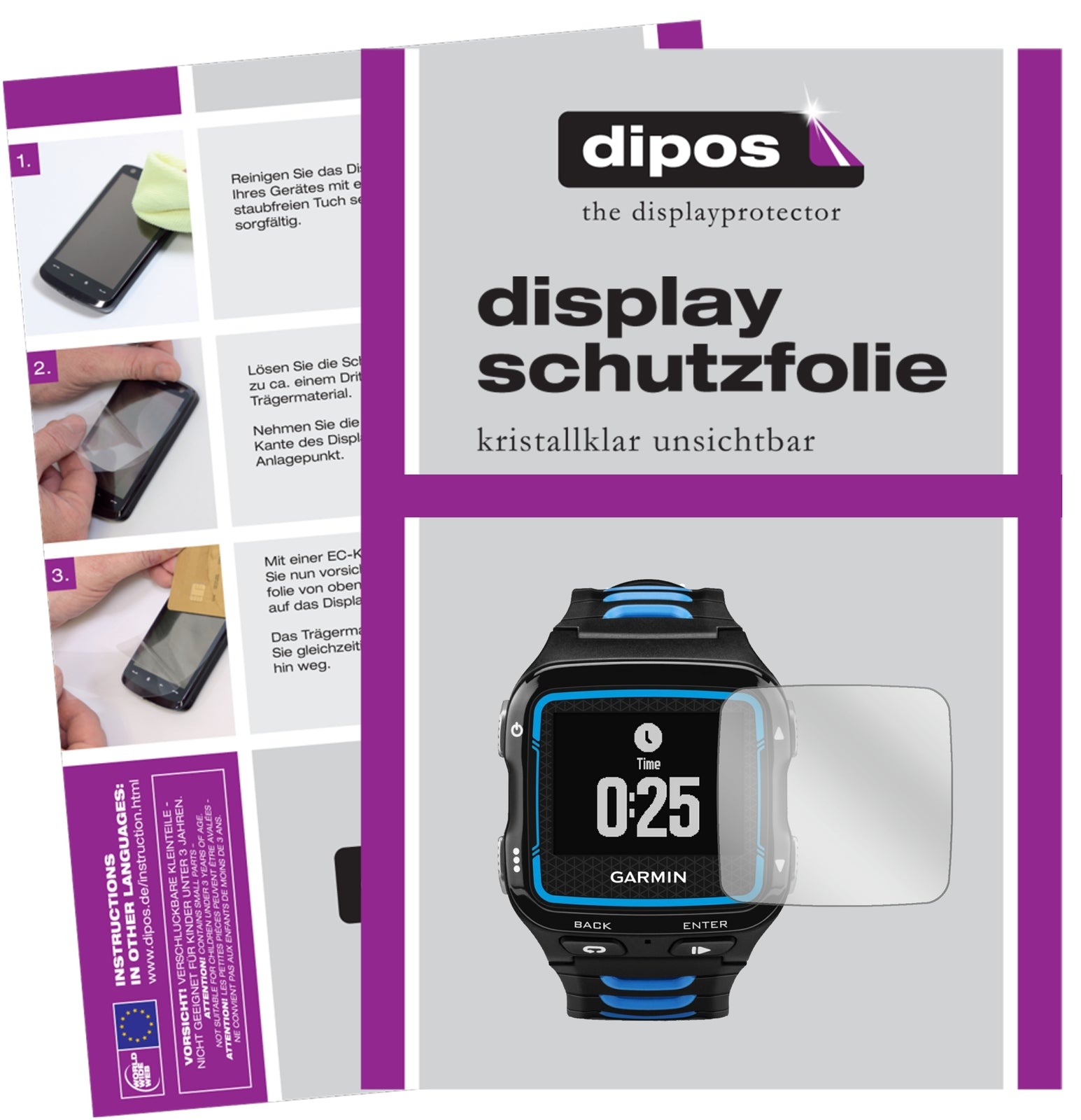 Klare Displayschutzfolie von dipos passend für Garmin Forerunner 920 XT, präziser Zuschnitt und blasenfrei montiert
