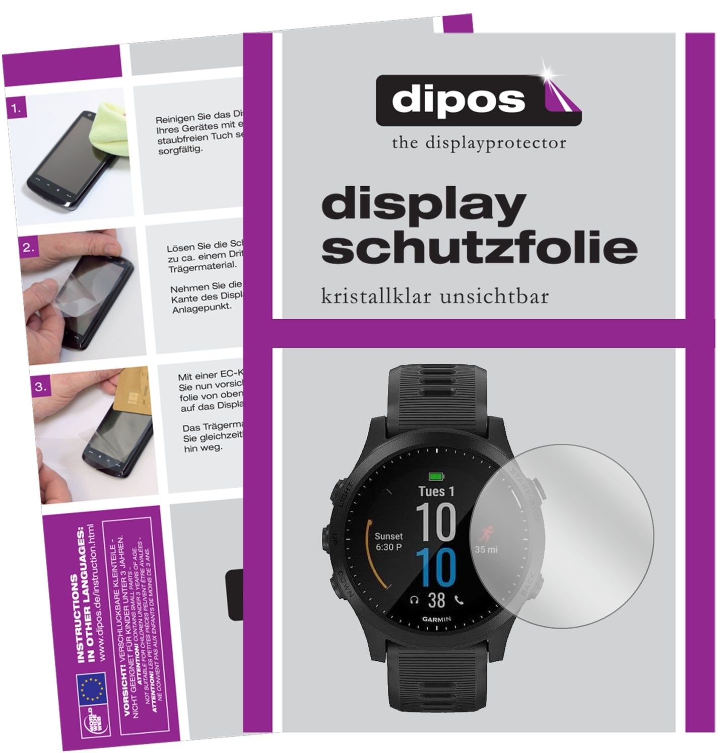 Klare Displayschutzfolie von dipos passend für Garmin Forerunner 945, präziser Zuschnitt und blasenfrei montiert