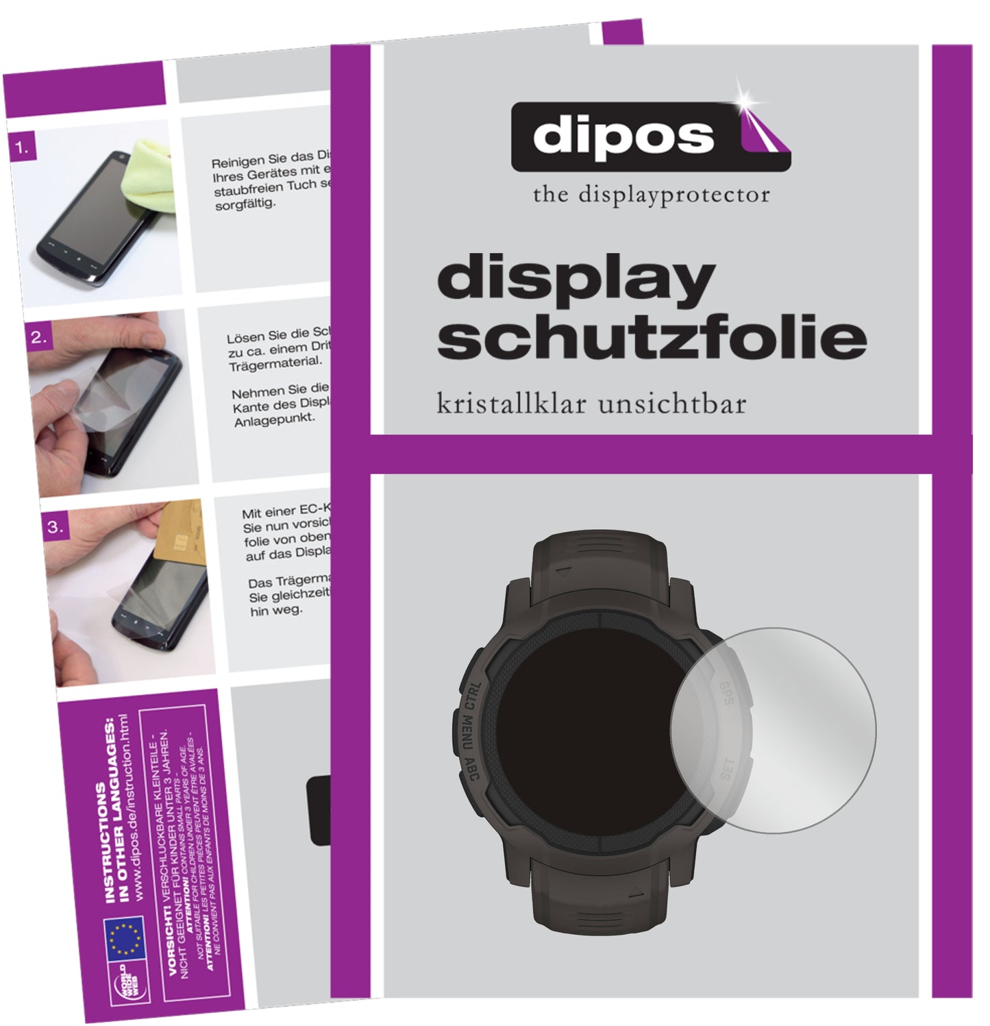 Klare Displayschutzfolie von dipos passend für Garmin Instinct 2 (45mm), präziser Zuschnitt und blasenfrei montiert