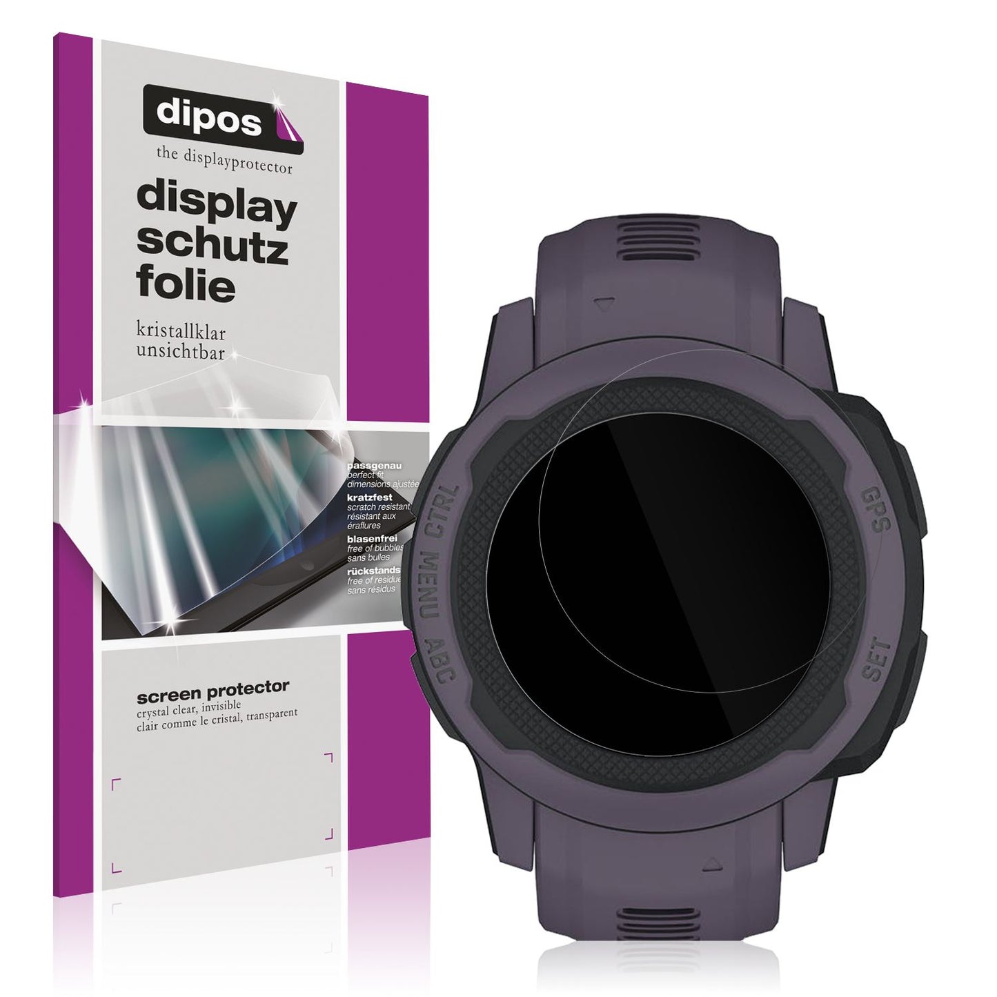 Klare Displayschutzfolie von dipos passend für Garmin Instinct 2S (45mm), präziser Zuschnitt und blasenfrei montiert