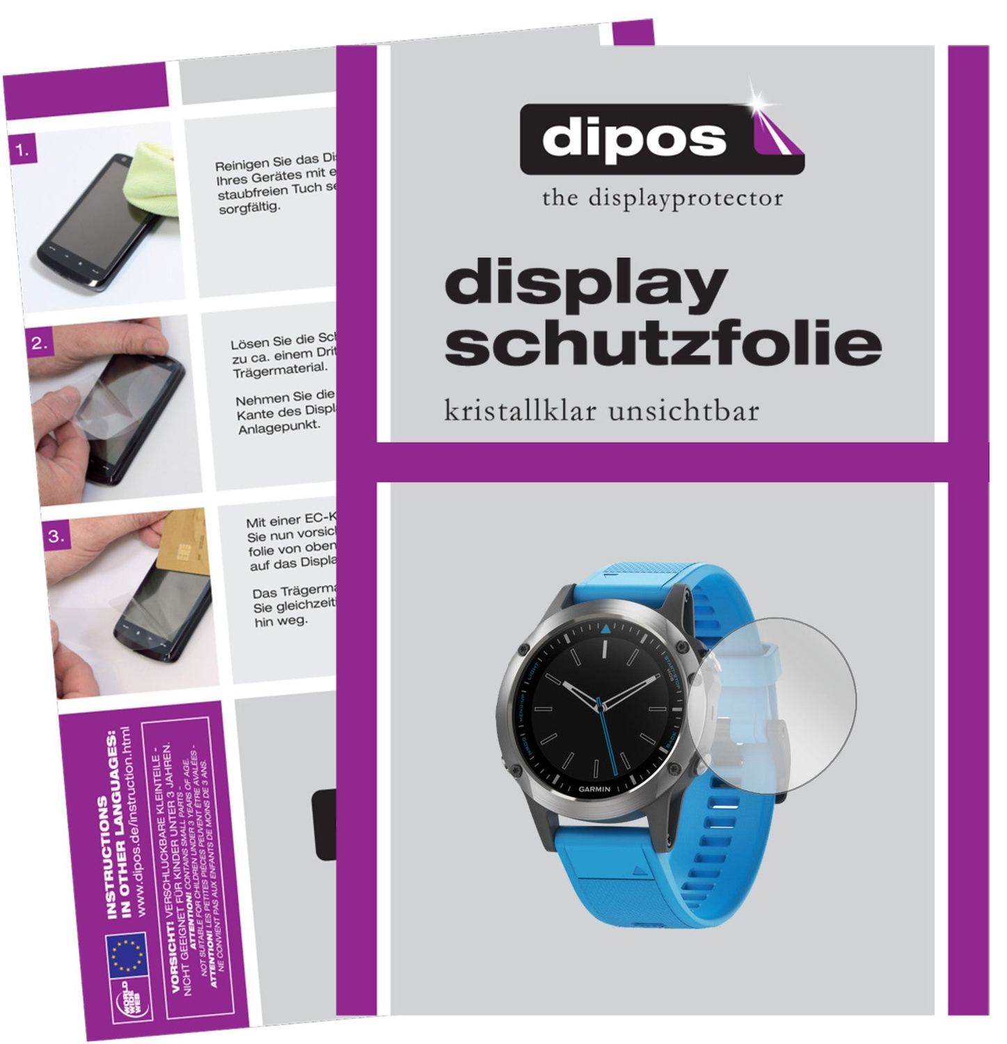 Klare Displayschutzfolie von dipos passend für Garmin quatix 5 Pro, präziser Zuschnitt und blasenfrei montiert