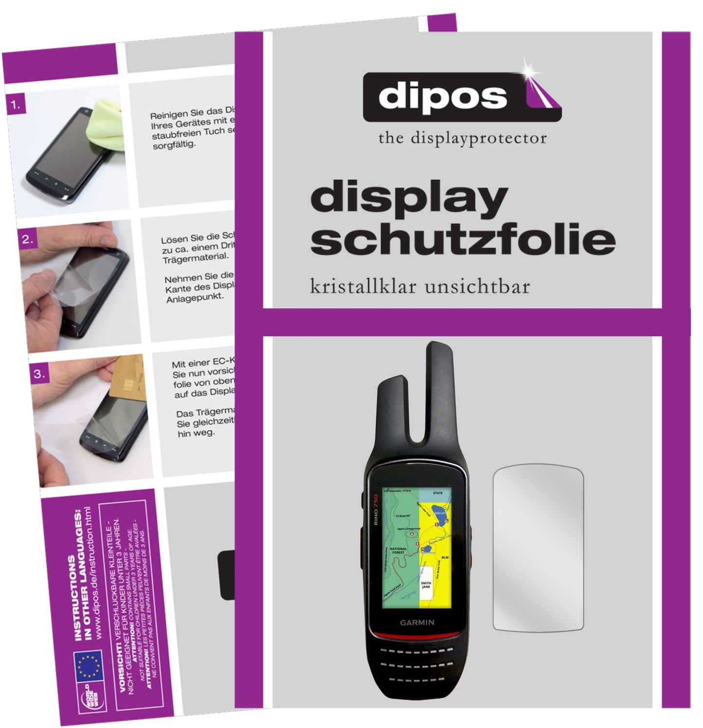 Klare Displayschutzfolie von dipos passend für Garmin Rino 755t, präziser Zuschnitt und blasenfrei montiert
