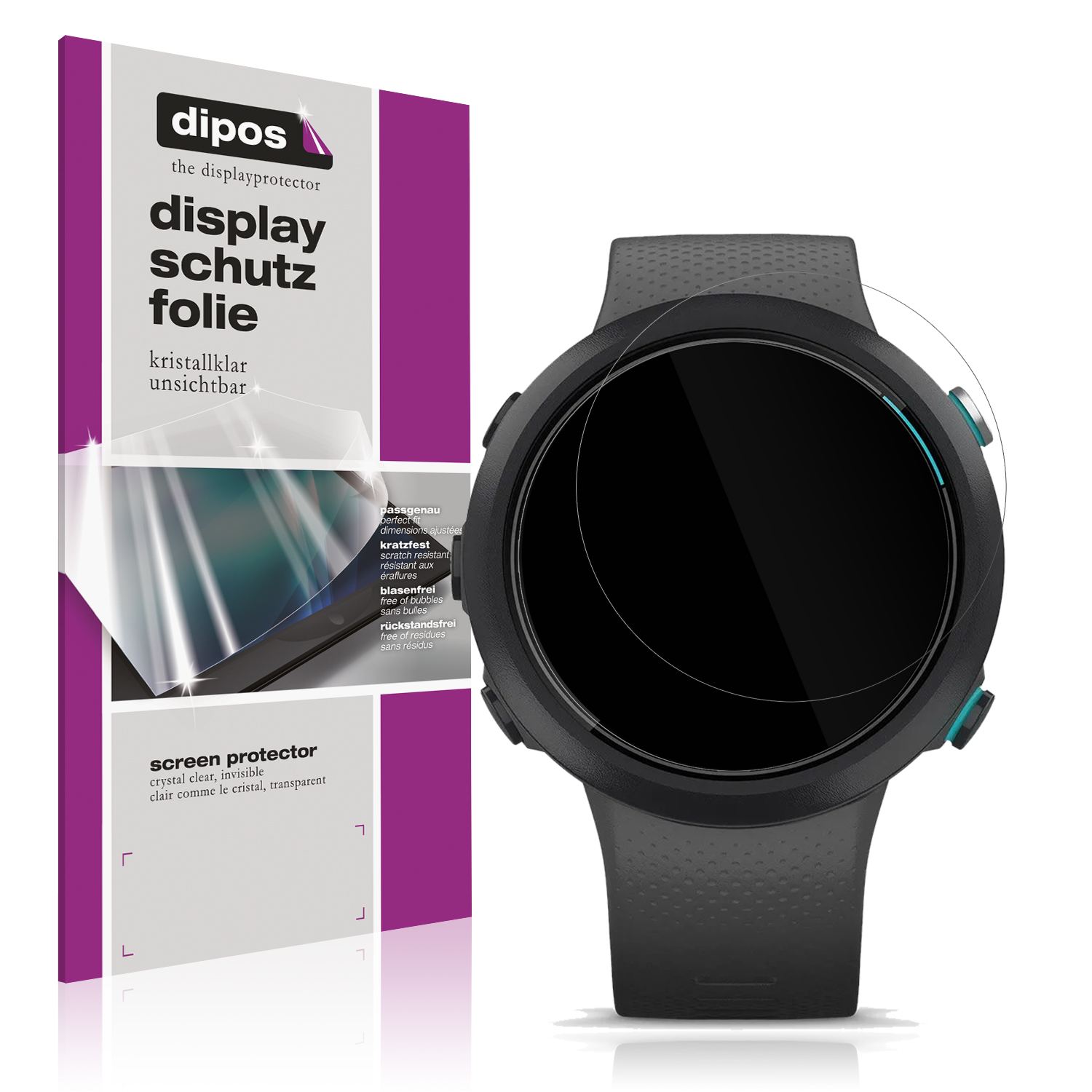 Klare Displayschutzfolie von dipos passend für Garmin Swim 2, präziser Zuschnitt und blasenfrei montiert