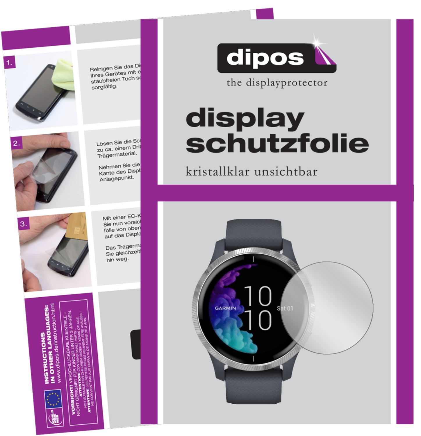 Klare Displayschutzfolie von dipos passend für Garmin Venu (43mm), präziser Zuschnitt und blasenfrei montiert