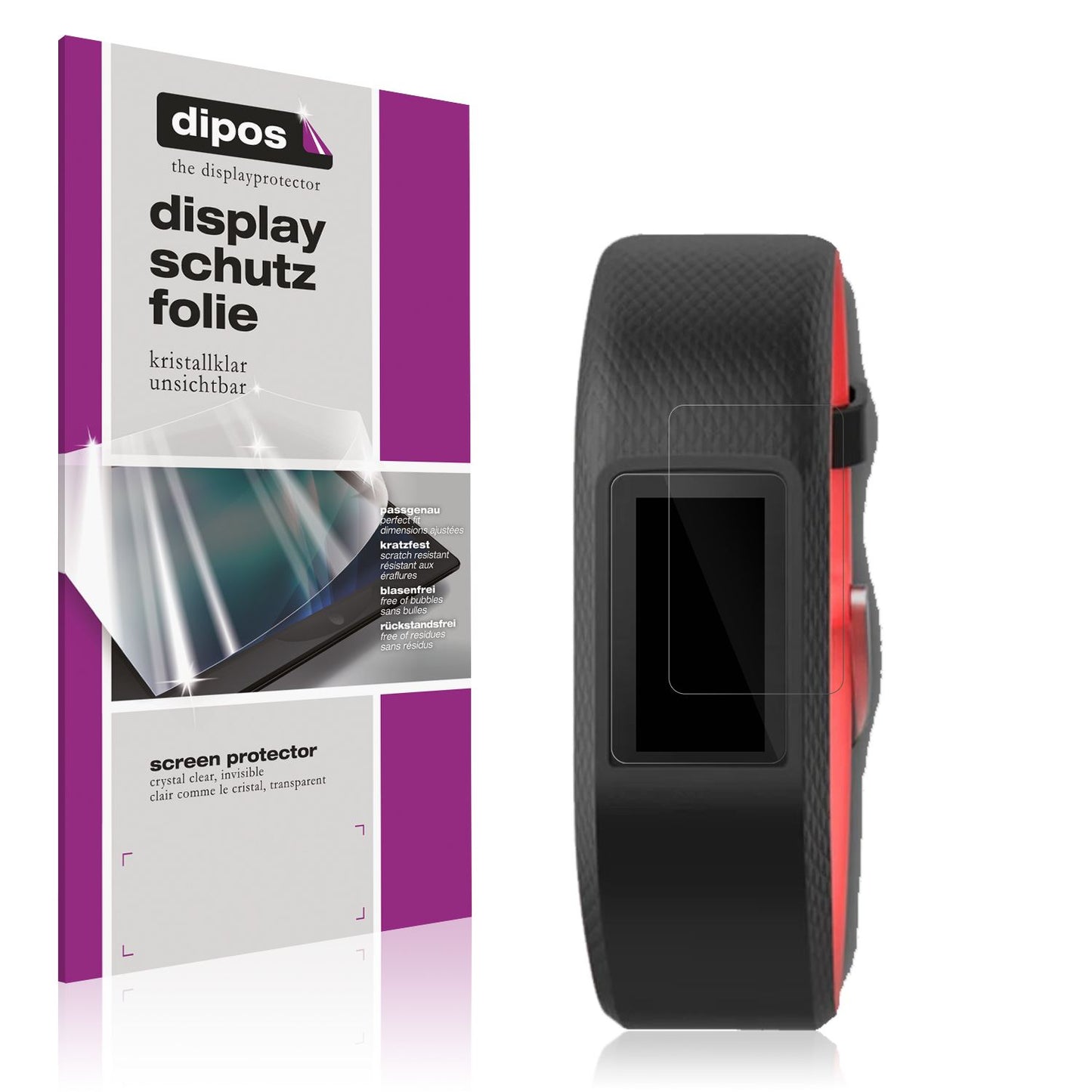 Klare Displayschutzfolie von dipos passend für Garmin Vivosport, präziser Zuschnitt und blasenfrei montiert