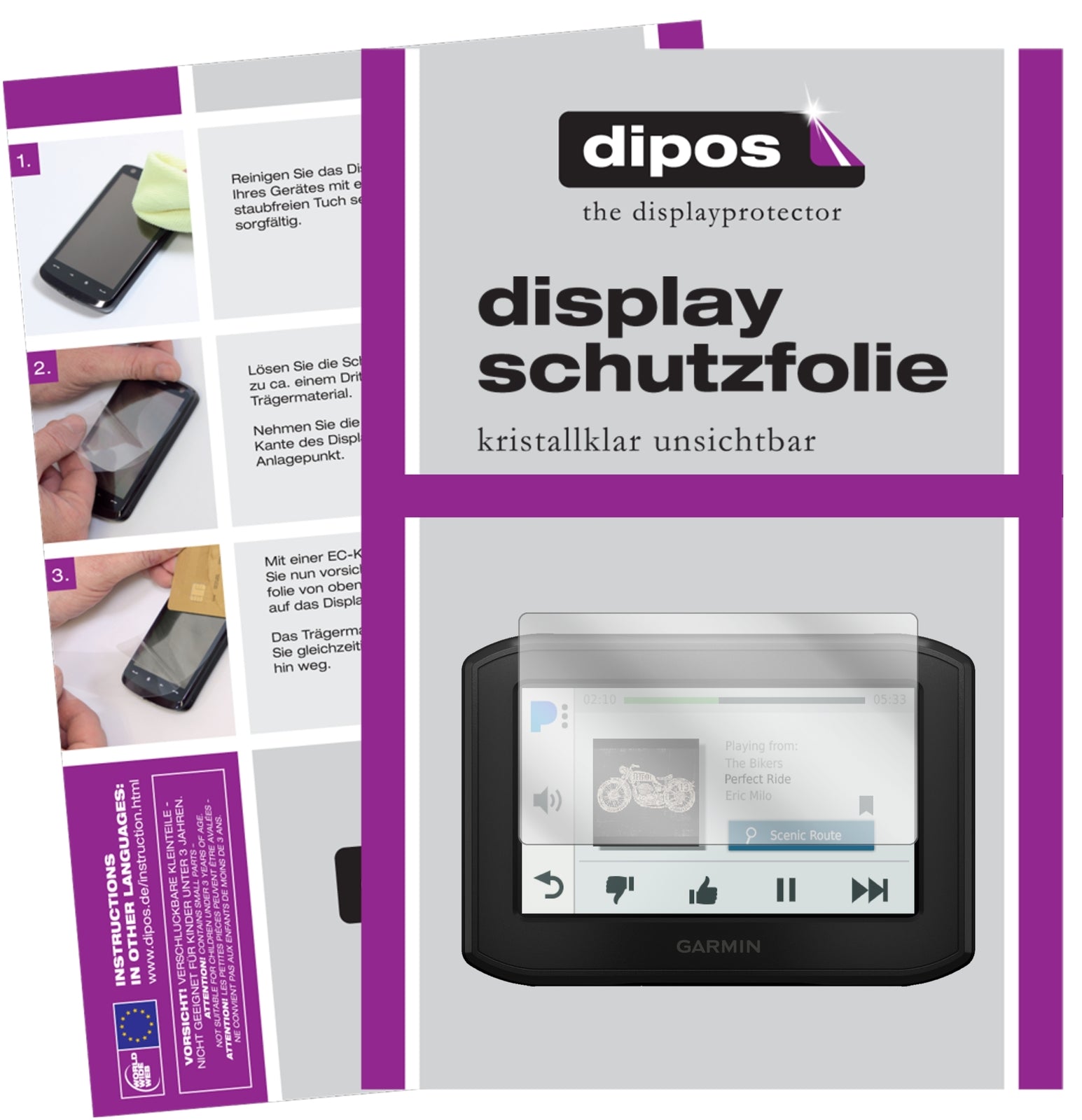 Klare Displayschutzfolie von dipos passend für Garmin zumo 396 LMT, präziser Zuschnitt und blasenfrei montiert