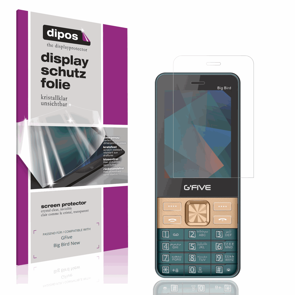 Klare Displayschutzfolie von dipos passend für GFive Big Bird New, präziser Zuschnitt und blasenfrei montiert