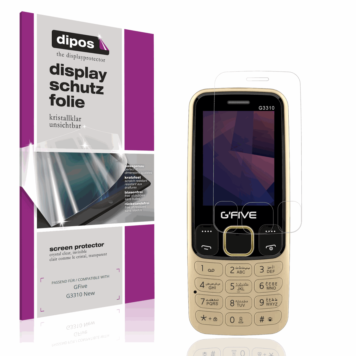 Klare Displayschutzfolie von dipos passend für GFive G3310 New, präziser Zuschnitt und blasenfrei montiert