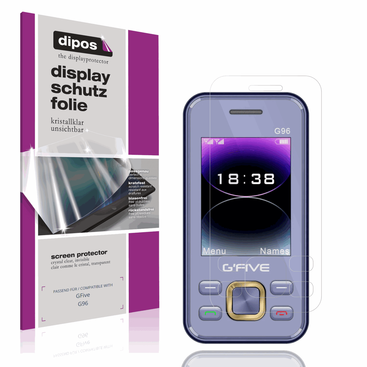 Klare Displayschutzfolie von dipos passend für GFive G96, präziser Zuschnitt und blasenfrei montiert