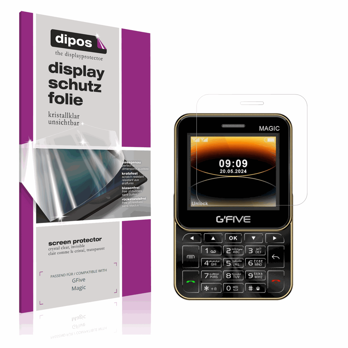 Klare Displayschutzfolie von dipos passend für GFive Magic, präziser Zuschnitt und blasenfrei montiert