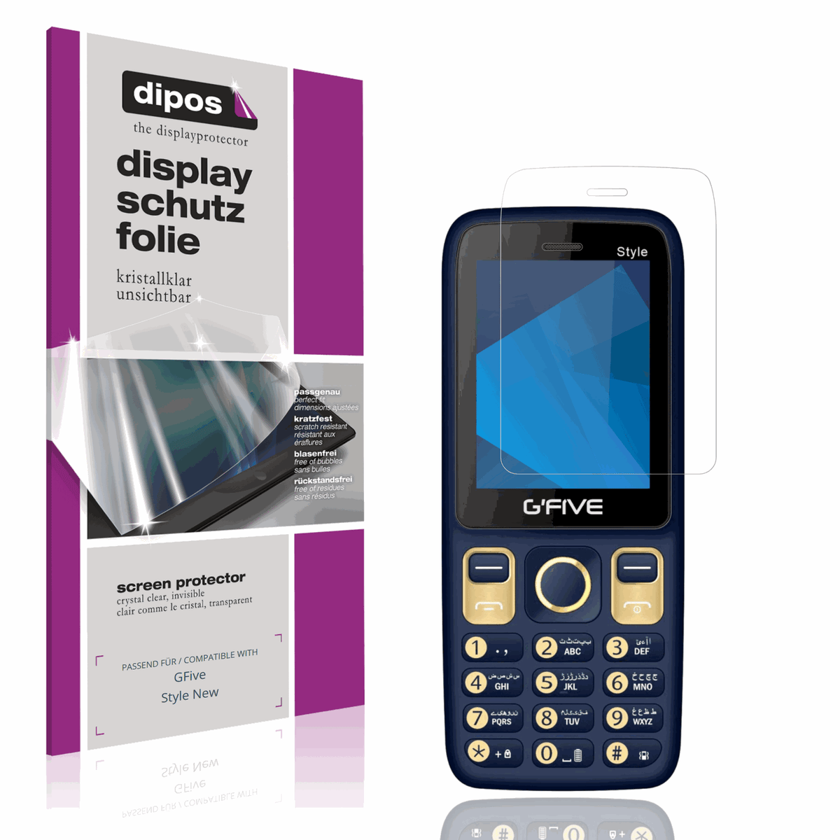 Klare Displayschutzfolie von dipos passend für GFive Style New, präziser Zuschnitt und blasenfrei montiert