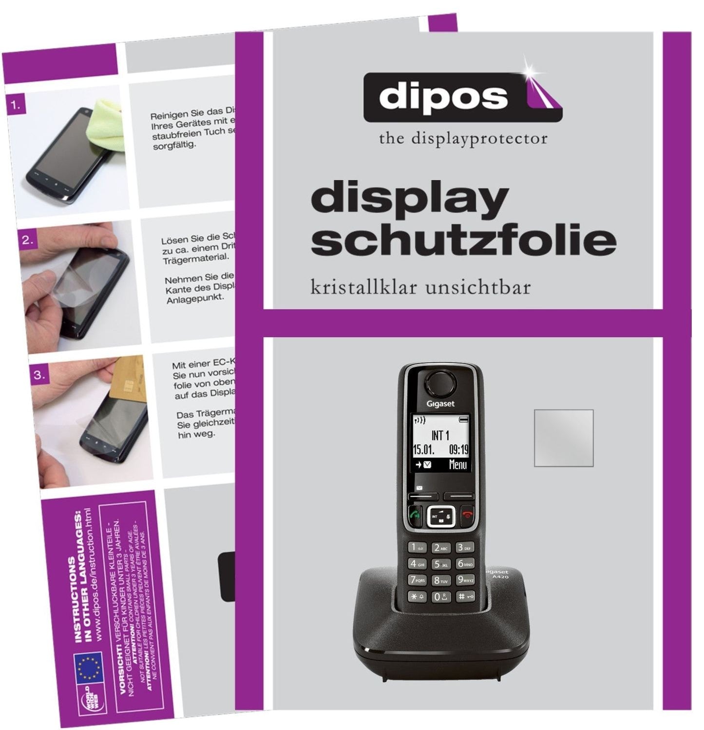 Klare Displayschutzfolie von dipos passend für Gigaset A420 / A420A, präziser Zuschnitt und blasenfrei montiert