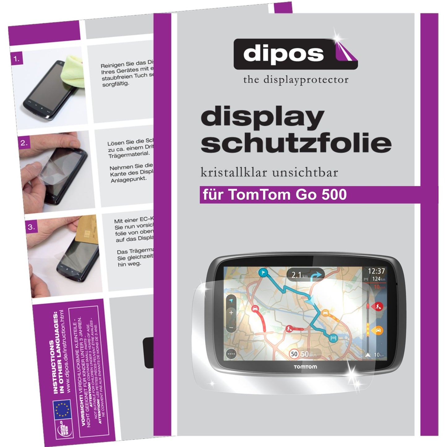 Klare Displayschutzfolie von dipos passend für Go 500 TomTom, präziser Zuschnitt und blasenfrei montiert