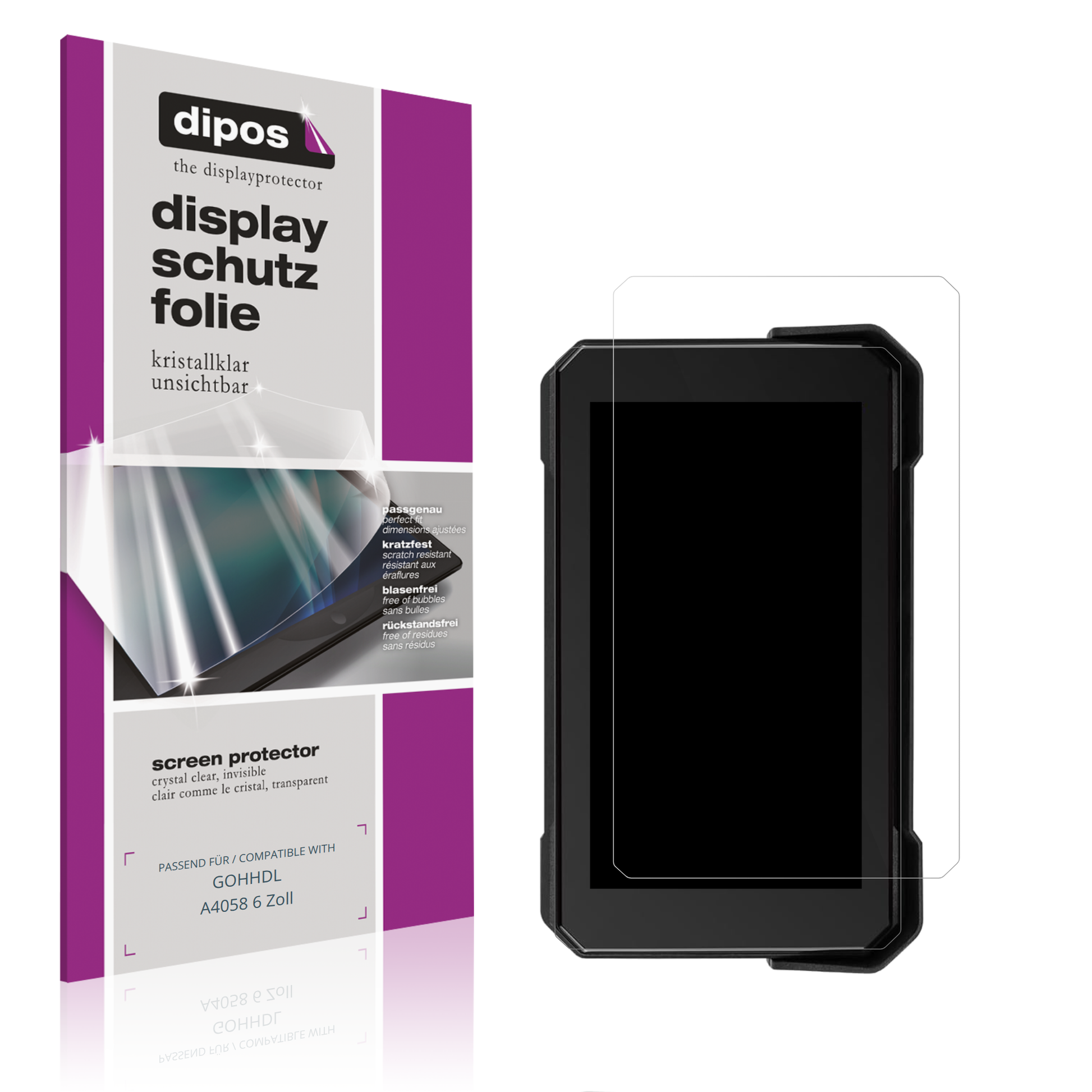 Klare Displayschutzfolie von dipos passend für GOHHDL A4058 6 Zoll, präziser Zuschnitt und blasenfrei montiert