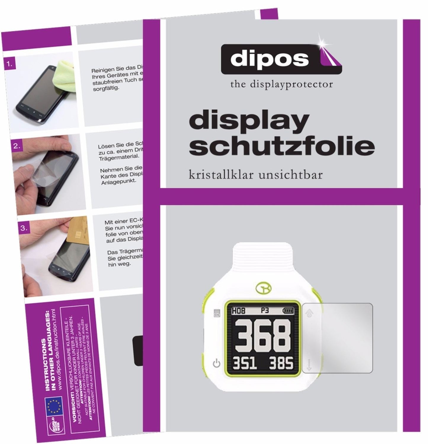 Klare Displayschutzfolie von dipos passend für Golfbuddy CT2, präziser Zuschnitt und blasenfrei montiert