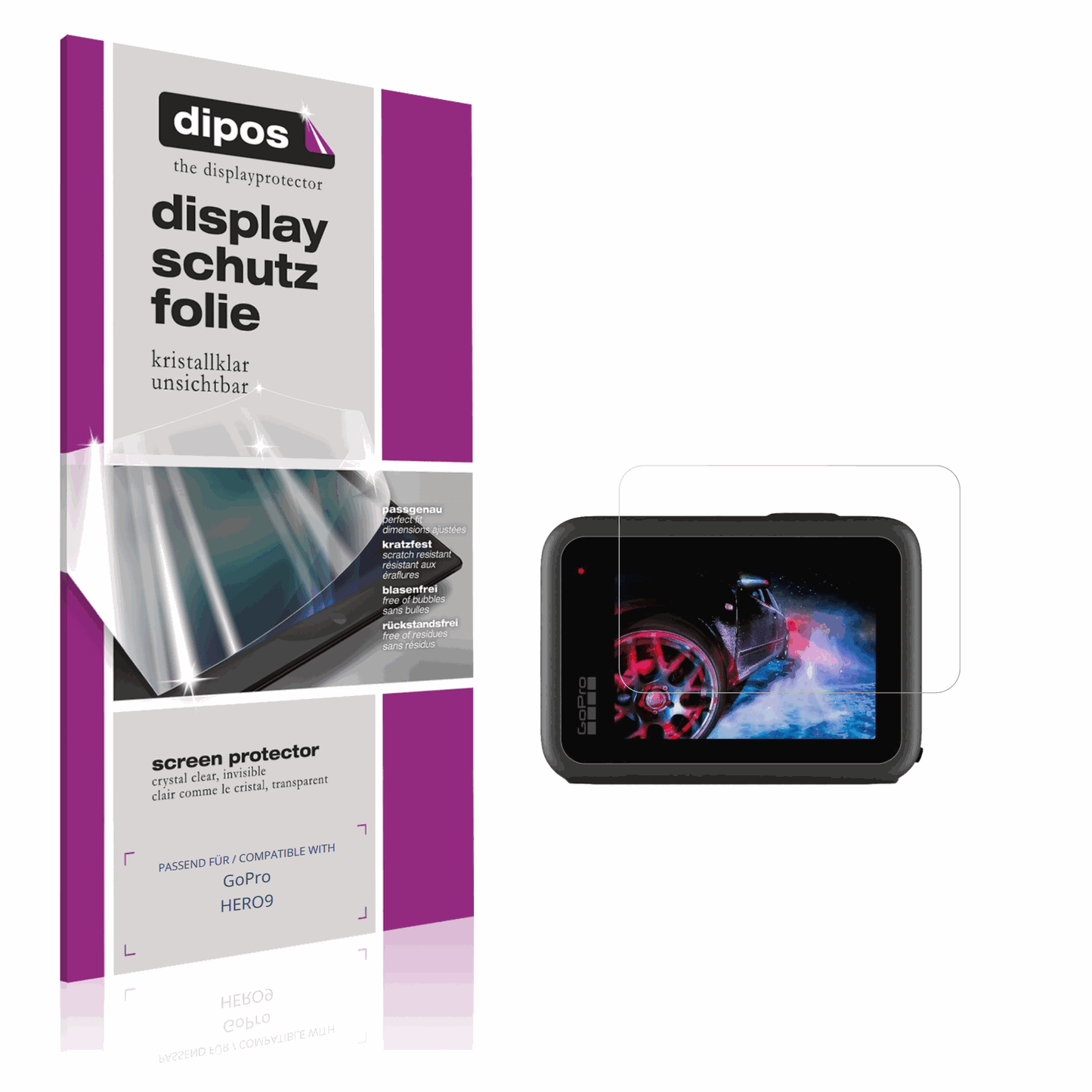 Klare Displayschutzfolie von dipos passend für GoPro HERO9, präziser Zuschnitt und blasenfrei montiert