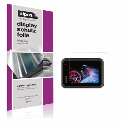 Klare Displayschutzfolie von dipos passend für GoPro HERO9, präziser Zuschnitt und blasenfrei montiert