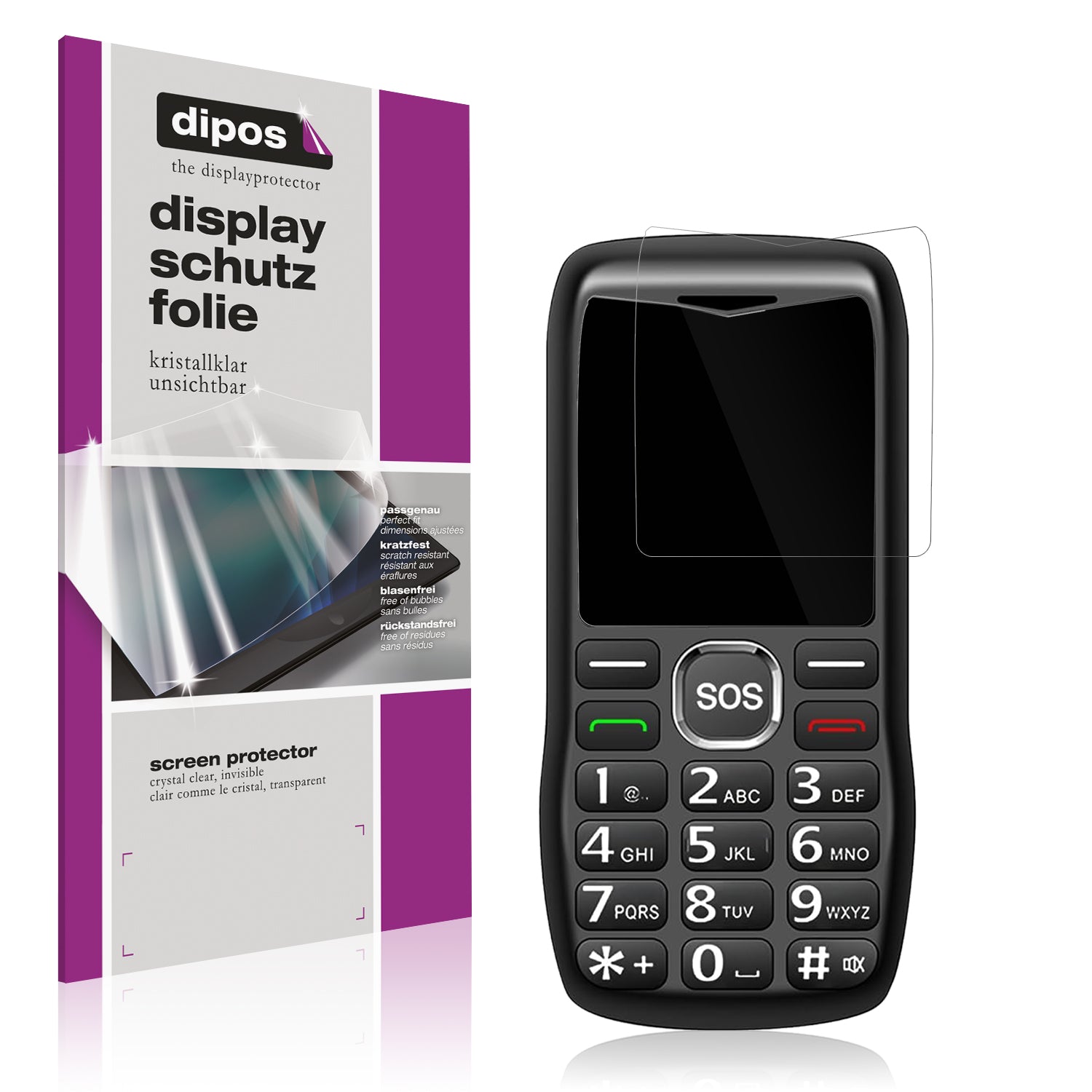 Klare Displayschutzfolie von dipos passend für Guwet D1 Seniorenhandy, präziser Zuschnitt und blasenfrei montiert