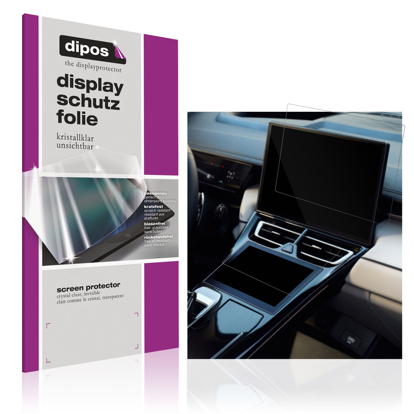 Klare Displayschutzfolie von dipos passend für GWM Wey 05 Dual Touchscreen, präziser Zuschnitt und blasenfrei montiert