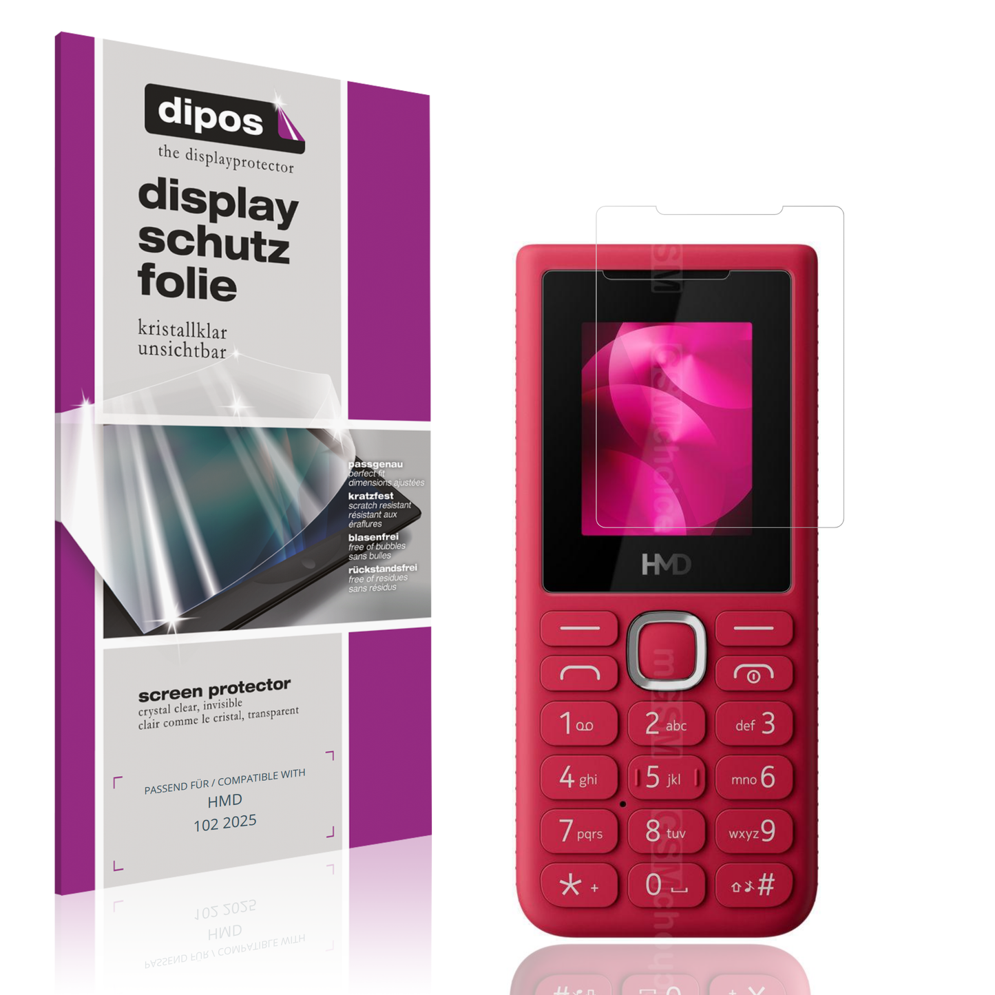 Klare Displayschutzfolie von dipos passend für HMD 102 2025, präziser Zuschnitt und blasenfrei montiert