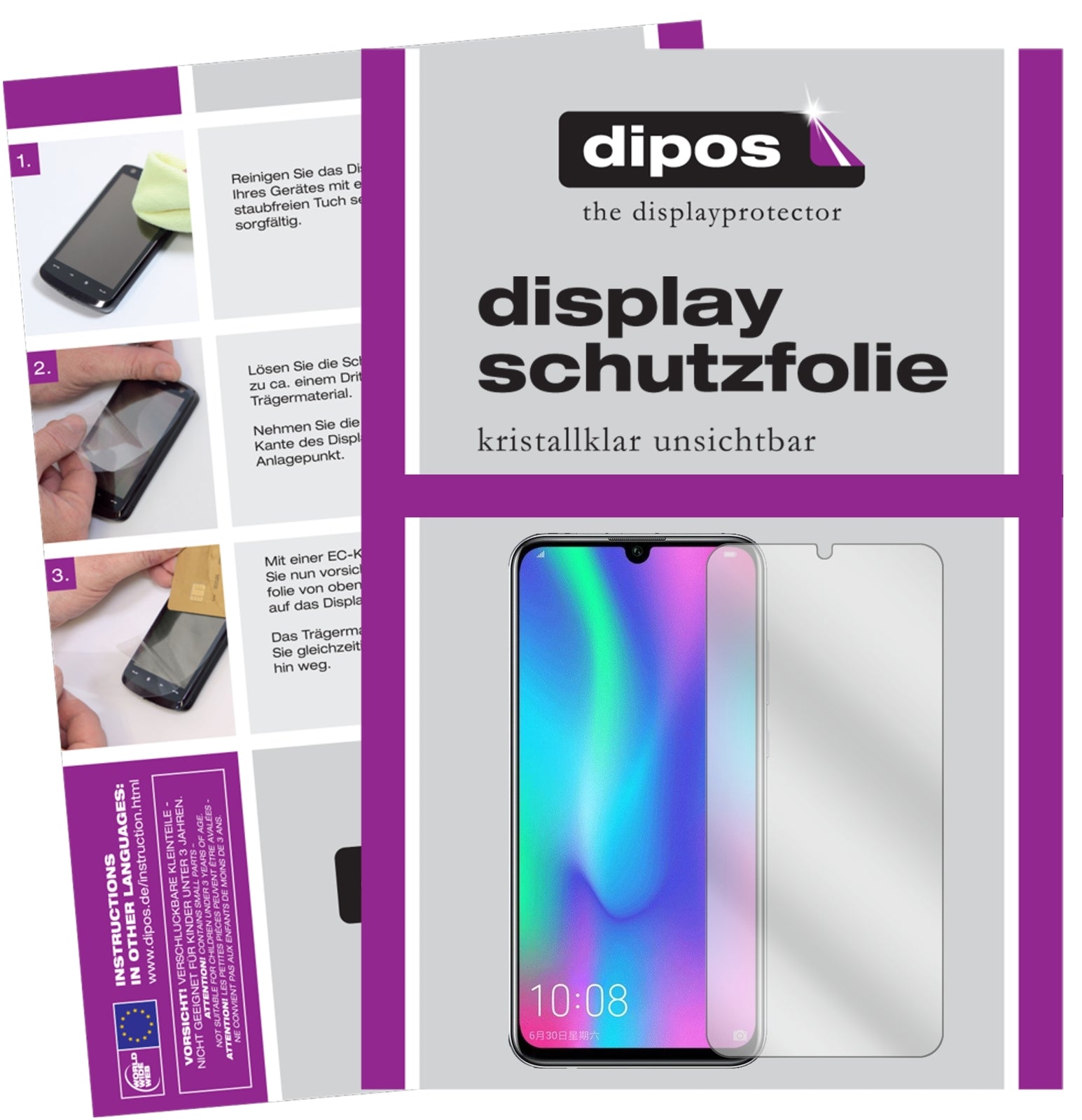 Klare Displayschutzfolie von dipos passend für Honor 10 Lite, präziser Zuschnitt und blasenfrei montiert