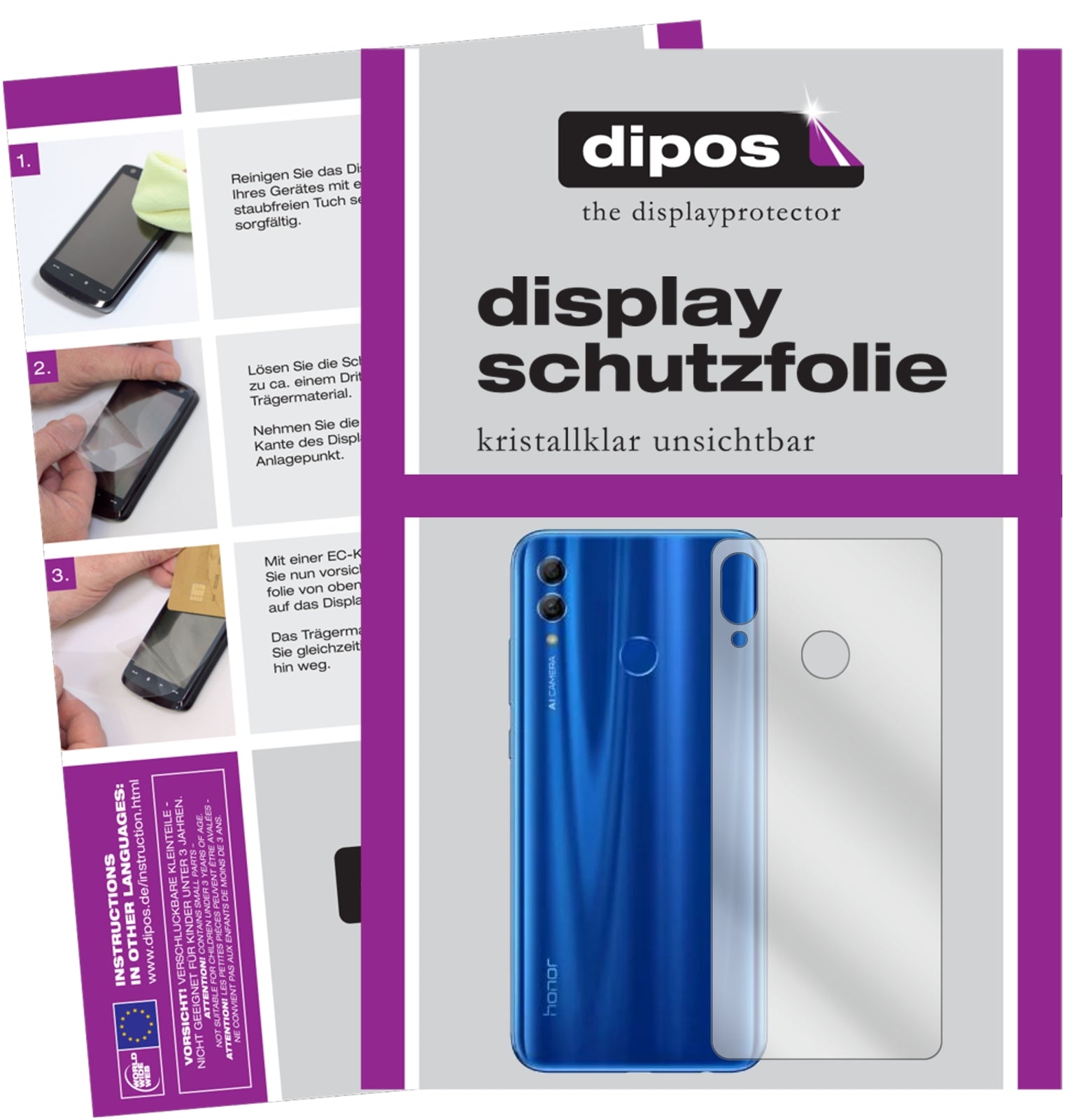 Klare Displayschutzfolie von dipos passend für Honor 10 Lite Rückseite, präziser Zuschnitt und blasenfrei montiert