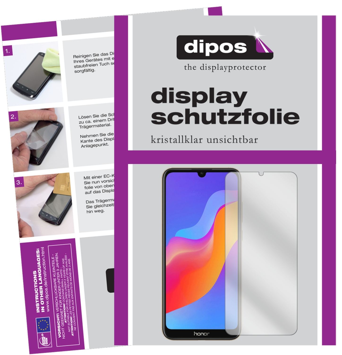 Klare Displayschutzfolie von dipos passend für Honor 8A, präziser Zuschnitt und blasenfrei montiert