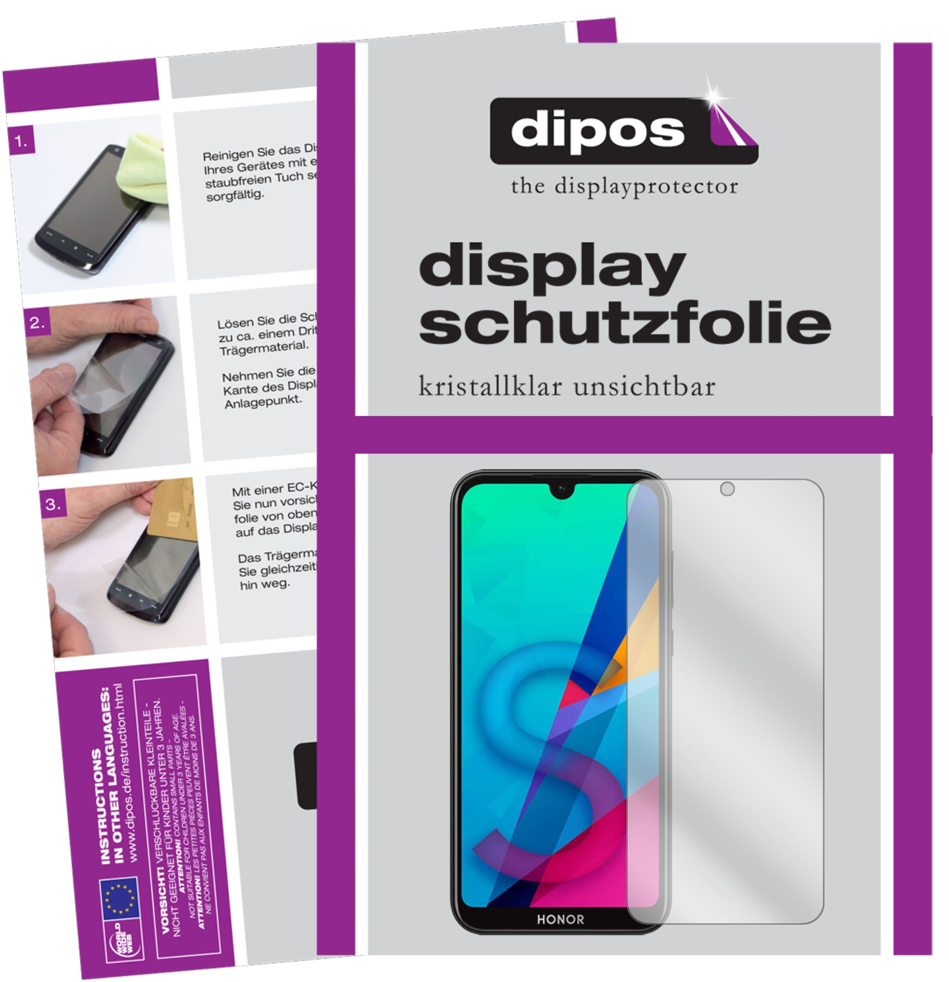 Klare Displayschutzfolie von dipos passend für Honor 8S, präziser Zuschnitt und blasenfrei montiert