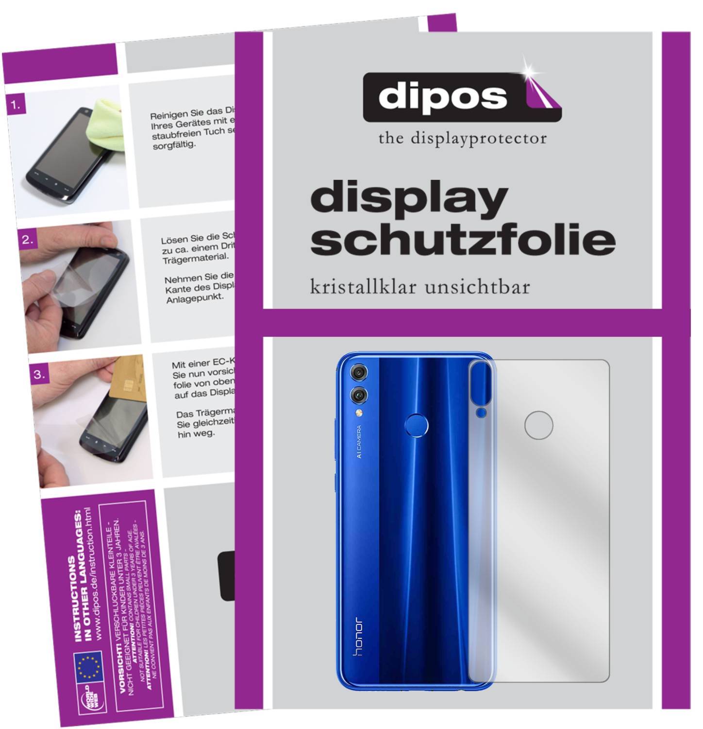 Klare Displayschutzfolie von dipos passend für Honor 8X Max Rückseite, präziser Zuschnitt und blasenfrei montiert