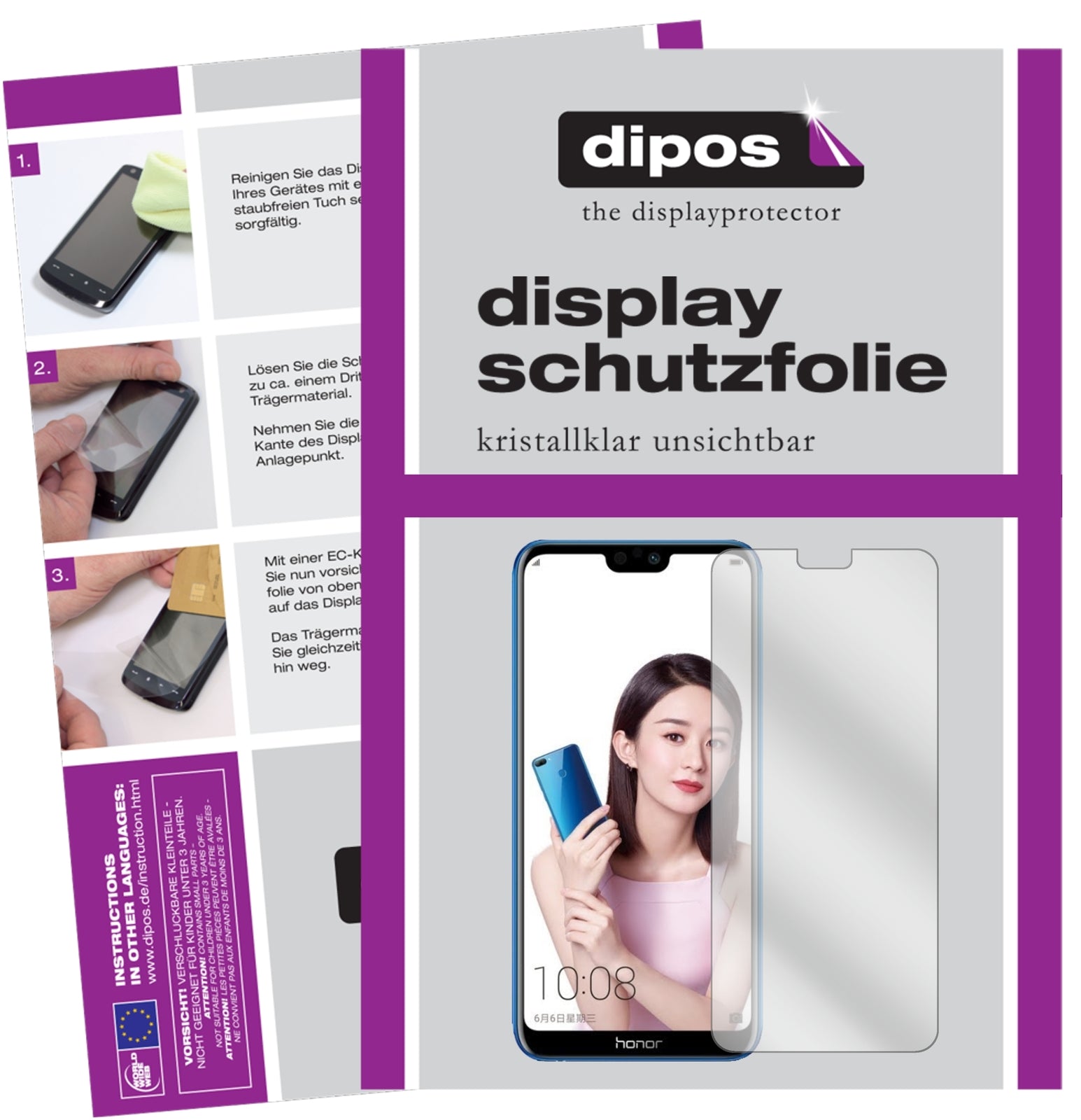 Klare Displayschutzfolie von dipos passend für Honor 9i 2018, präziser Zuschnitt und blasenfrei montiert