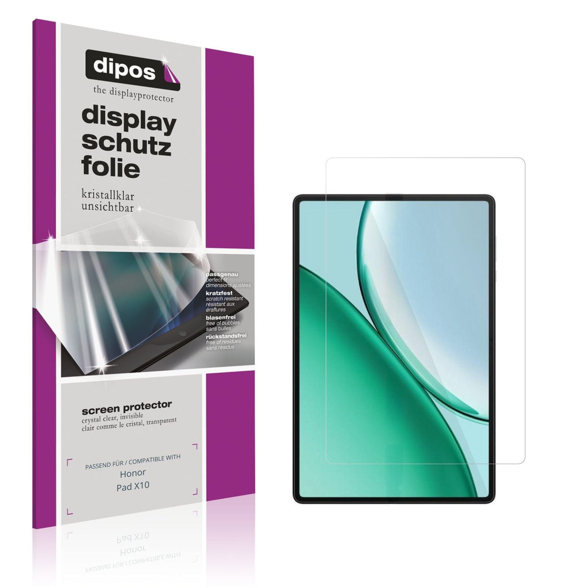 Klare Displayschutzfolie von dipos passend für Honor Pad X10, präziser Zuschnitt und blasenfrei montiert