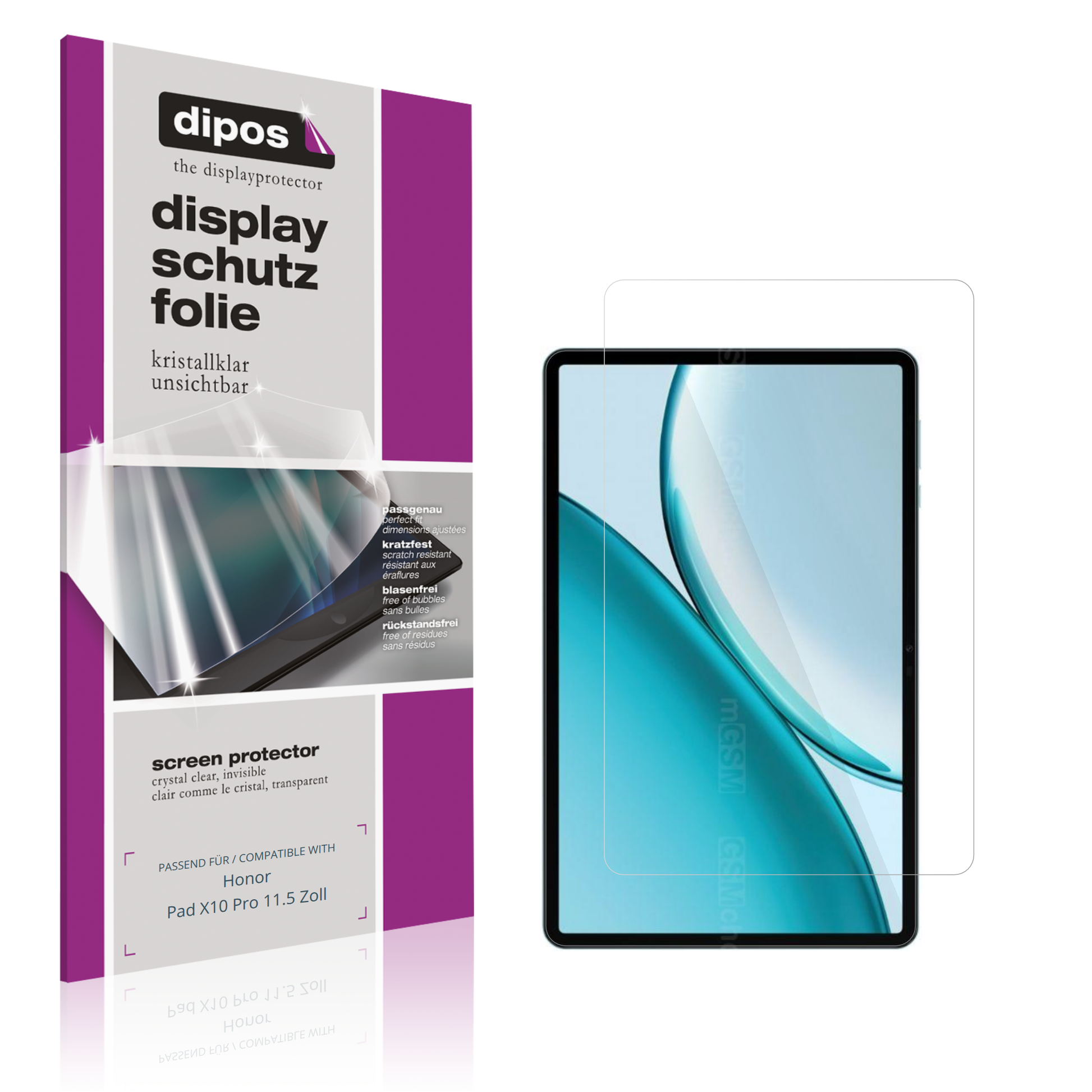 Klare Displayschutzfolie von dipos passend für Honor Pad X10 Pro 11.5 Zoll, präziser Zuschnitt und blasenfrei montiert