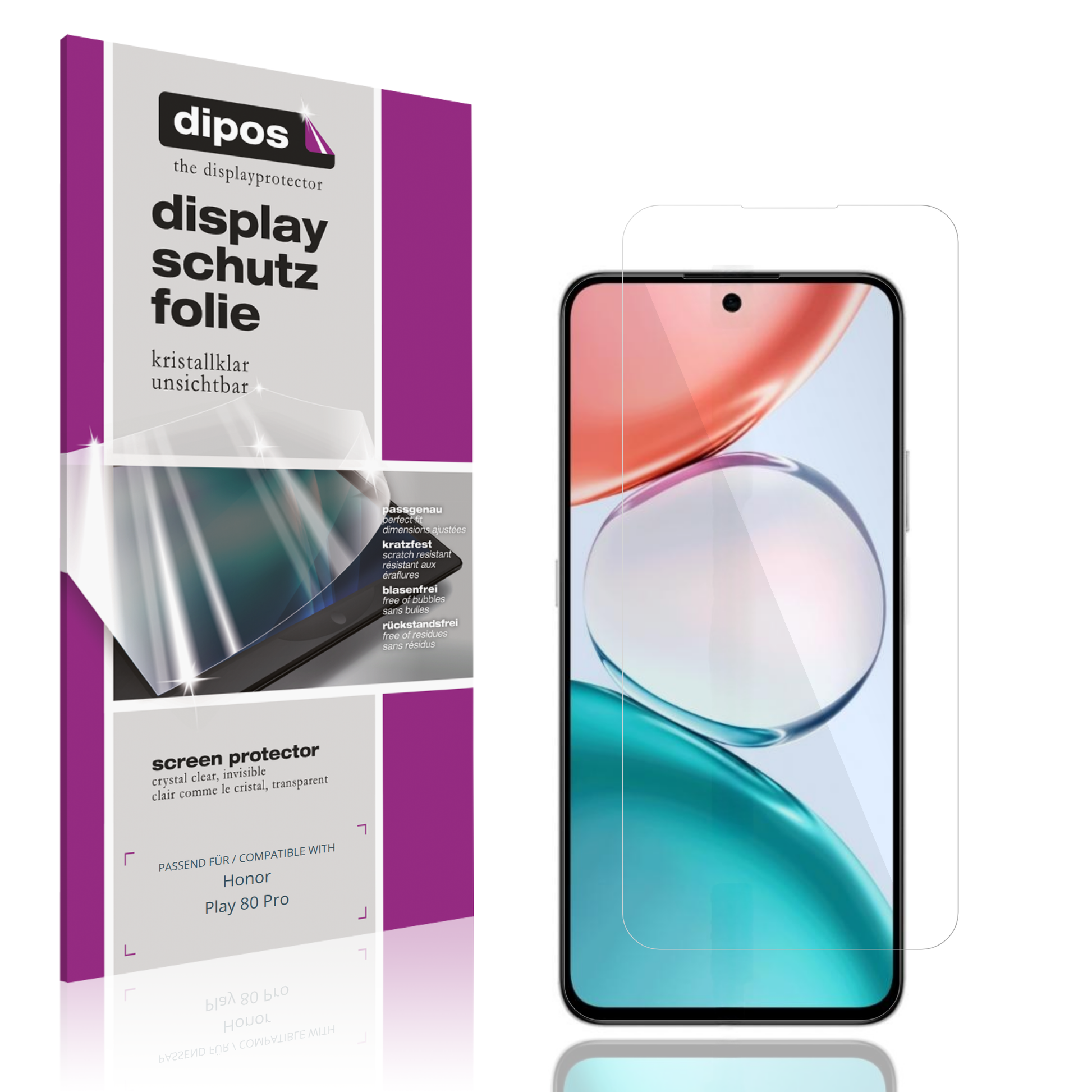 Klare Displayschutzfolie von dipos passend für Honor Play 80 Pro, präziser Zuschnitt und blasenfrei montiert