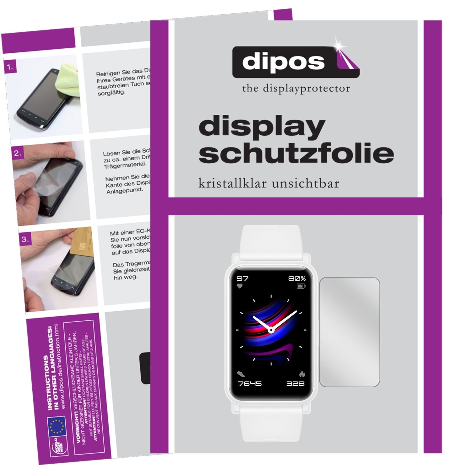 Klare Displayschutzfolie von dipos passend für Honor Watch ES, präziser Zuschnitt und blasenfrei montiert