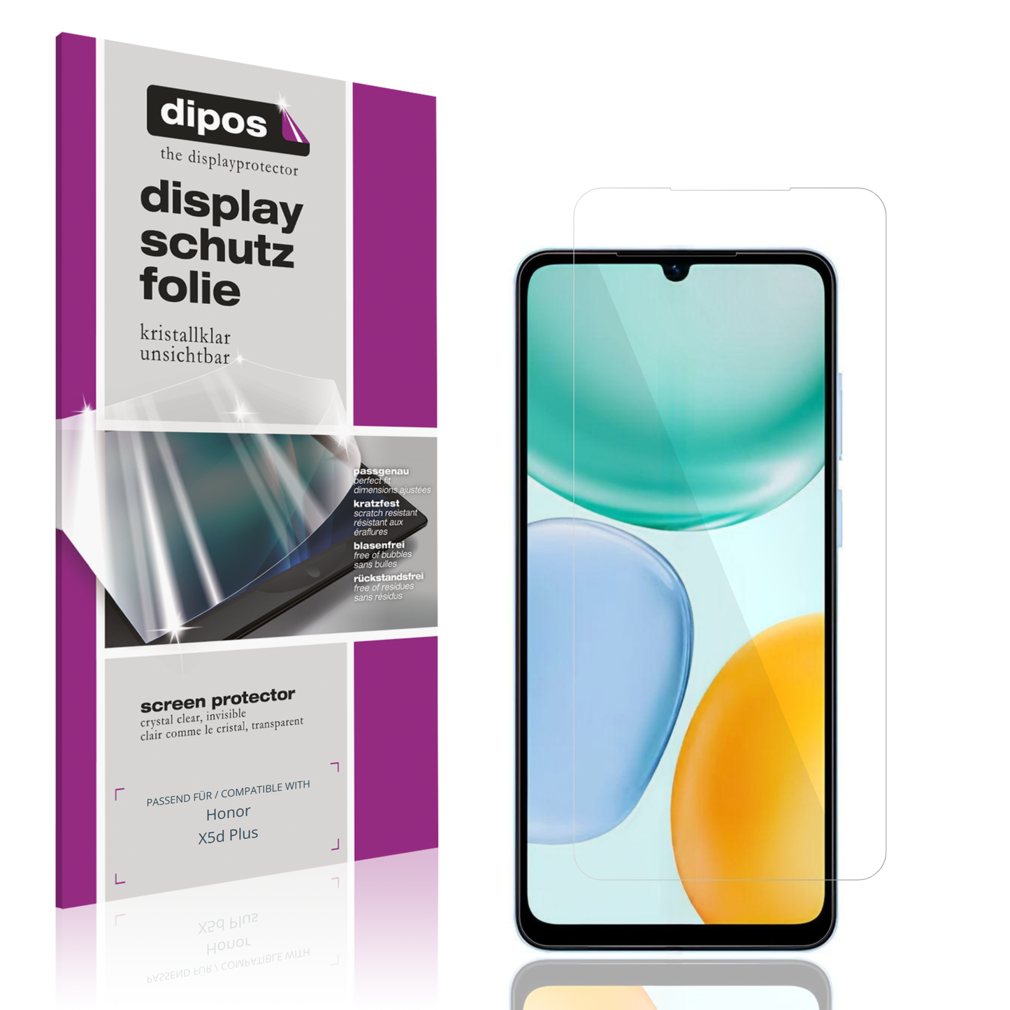 Klare Displayschutzfolie von dipos passend für Honor X5d Plus, präziser Zuschnitt und blasenfrei montiert