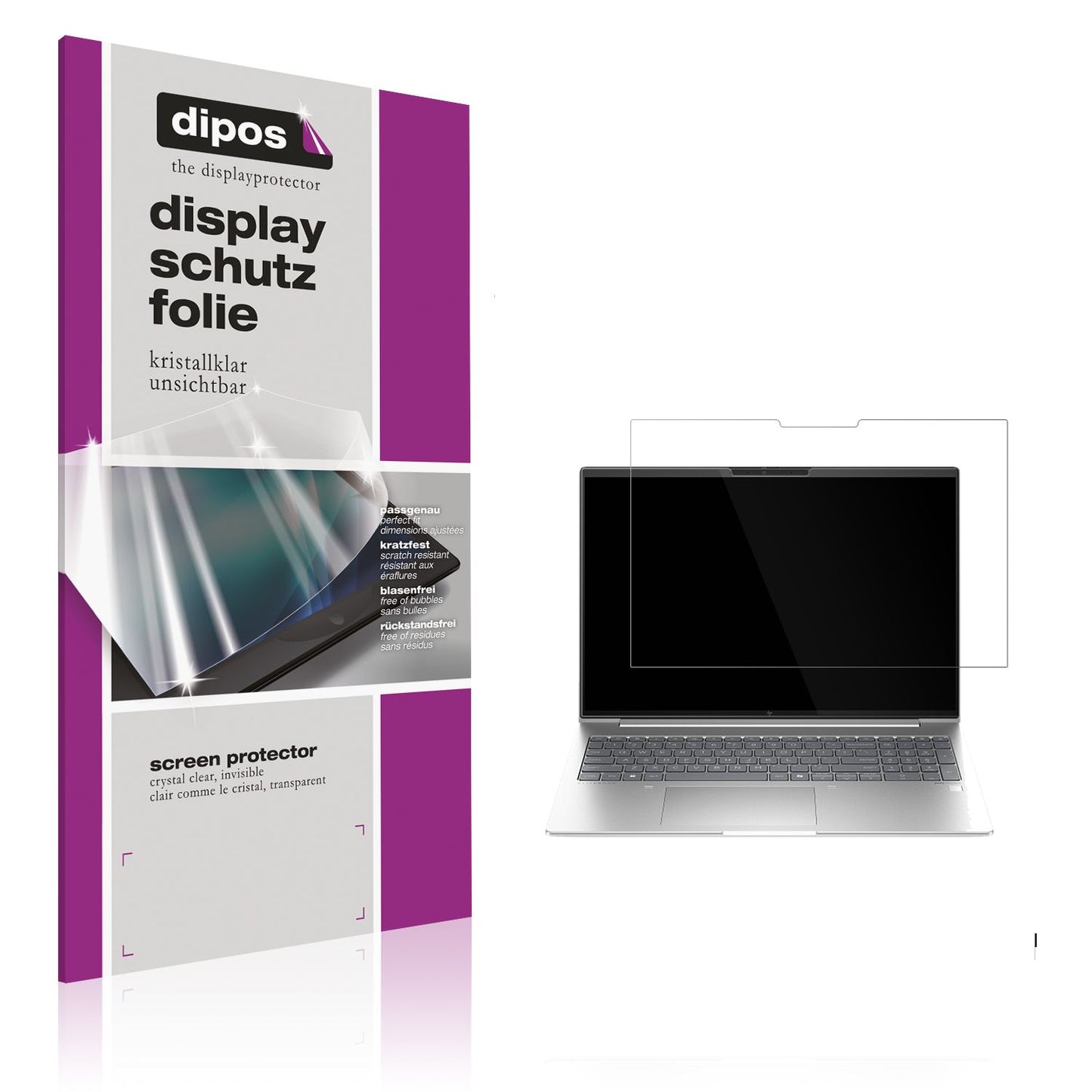 Klare Displayschutzfolie von dipos passend für HP Elitebook 655 G11 16 Zoll, präziser Zuschnitt und blasenfrei montiert