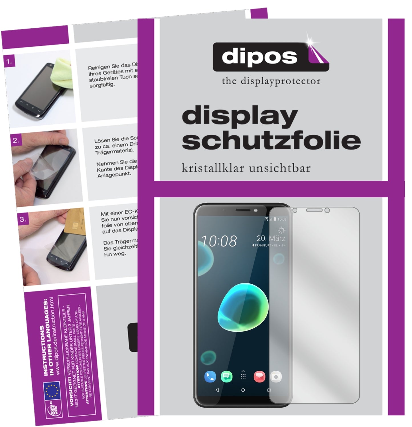 Klare Displayschutzfolie von dipos passend für HTC Desire 12 Plus, präziser Zuschnitt und blasenfrei montiert