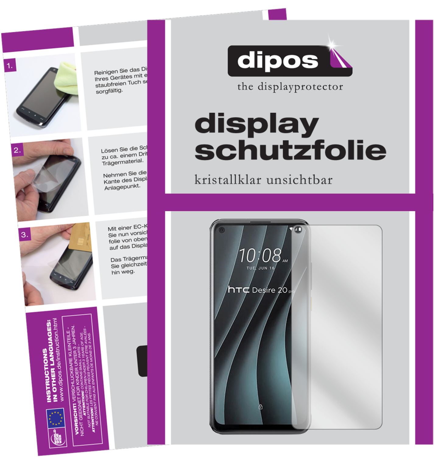 Klare Displayschutzfolie von dipos passend für HTC Desire 20 Pro, präziser Zuschnitt und blasenfrei montiert