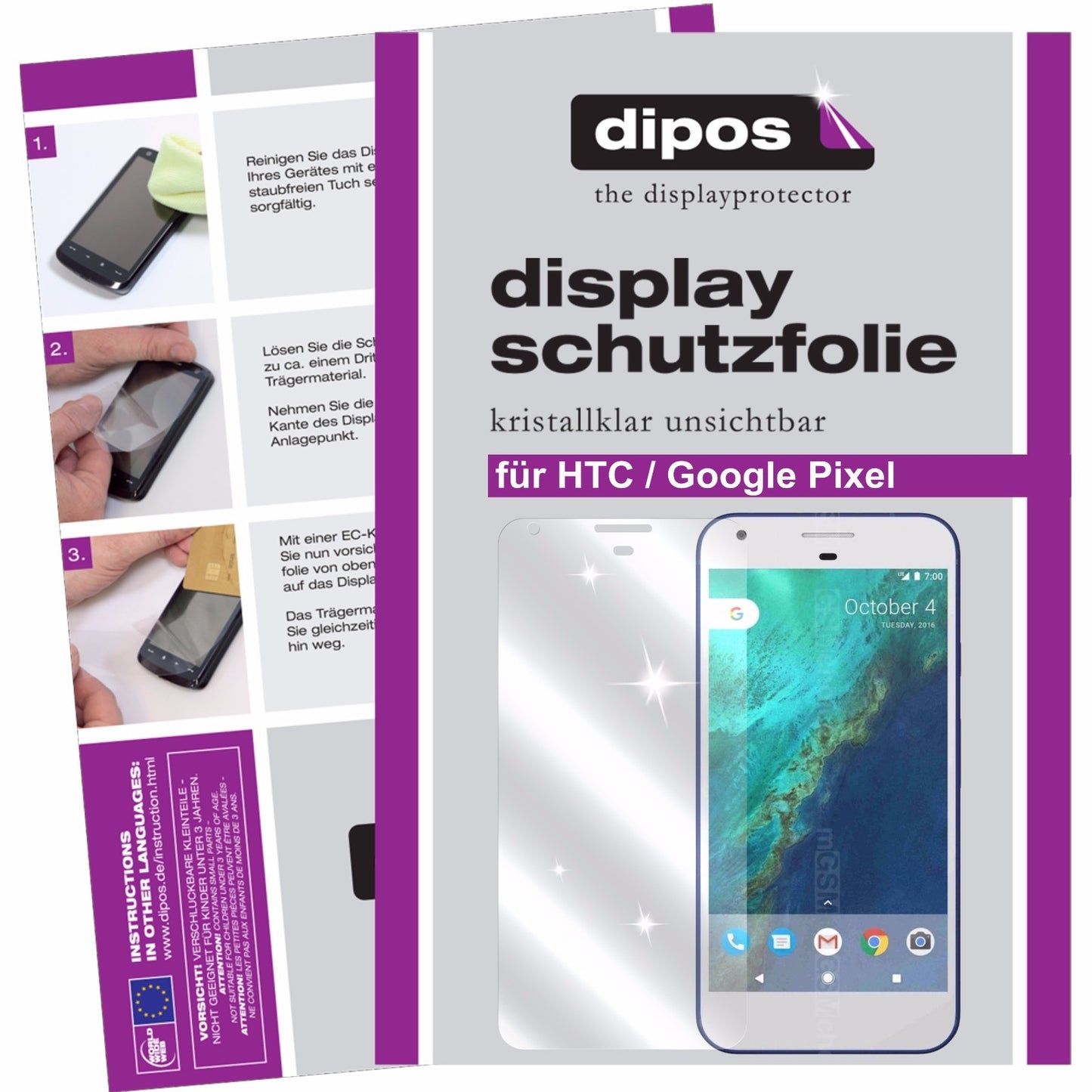 Klare Displayschutzfolie von dipos passend für HTC Pixel, präziser Zuschnitt und blasenfrei montiert