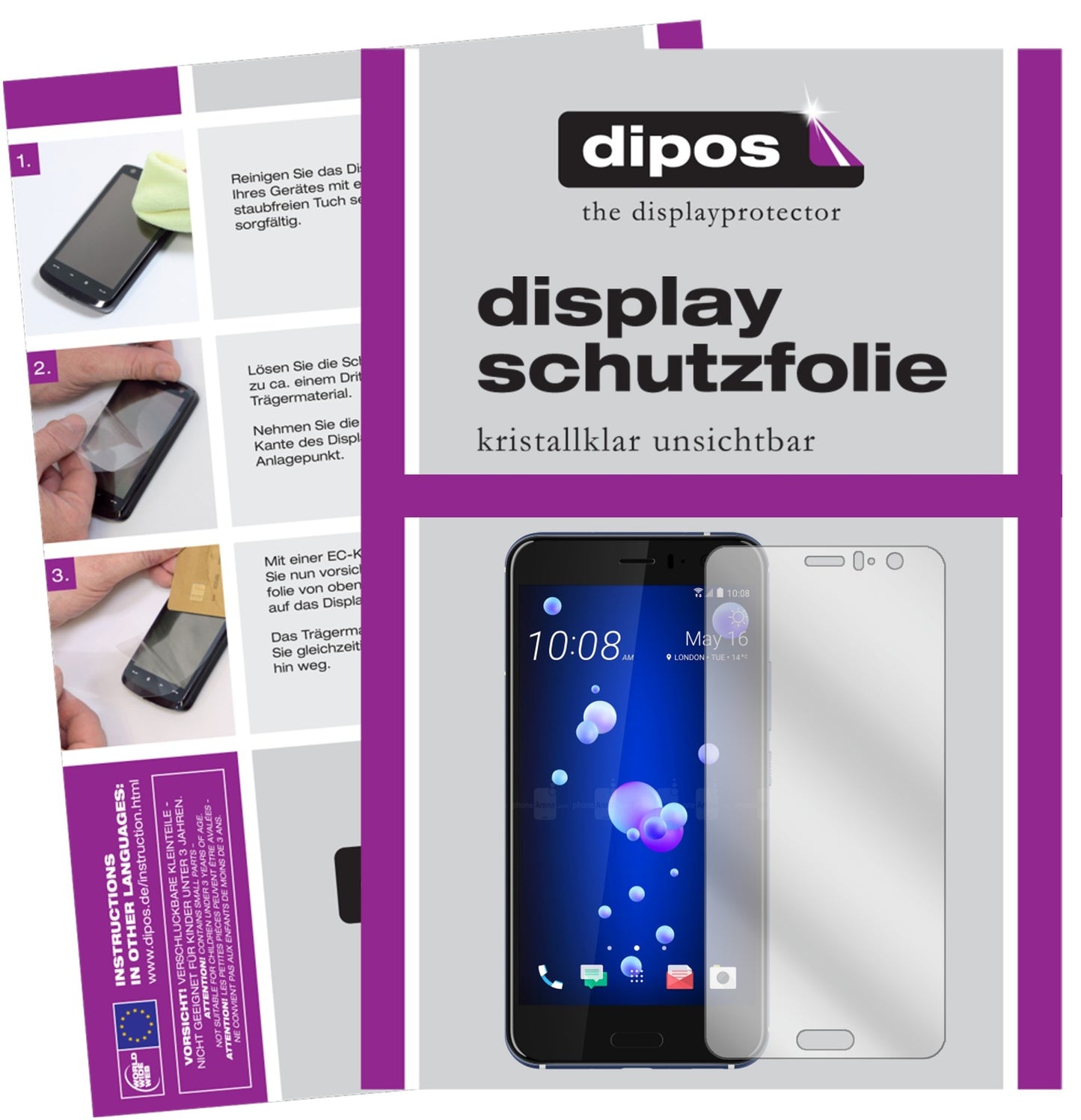 Klare Displayschutzfolie von dipos passend für HTC U11, präziser Zuschnitt und blasenfrei montiert