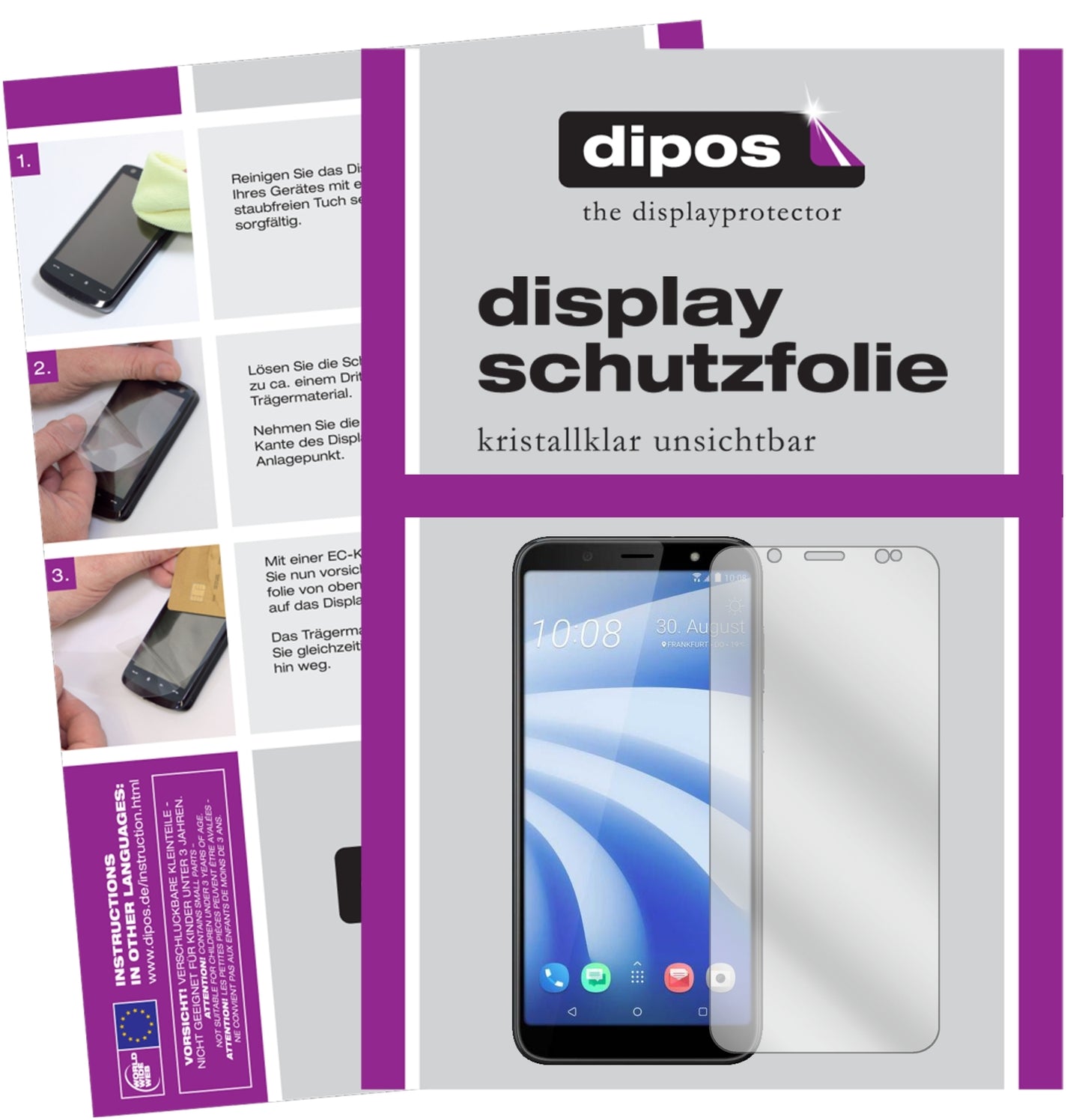 Klare Displayschutzfolie von dipos passend für HTC U12 Life, präziser Zuschnitt und blasenfrei montiert
